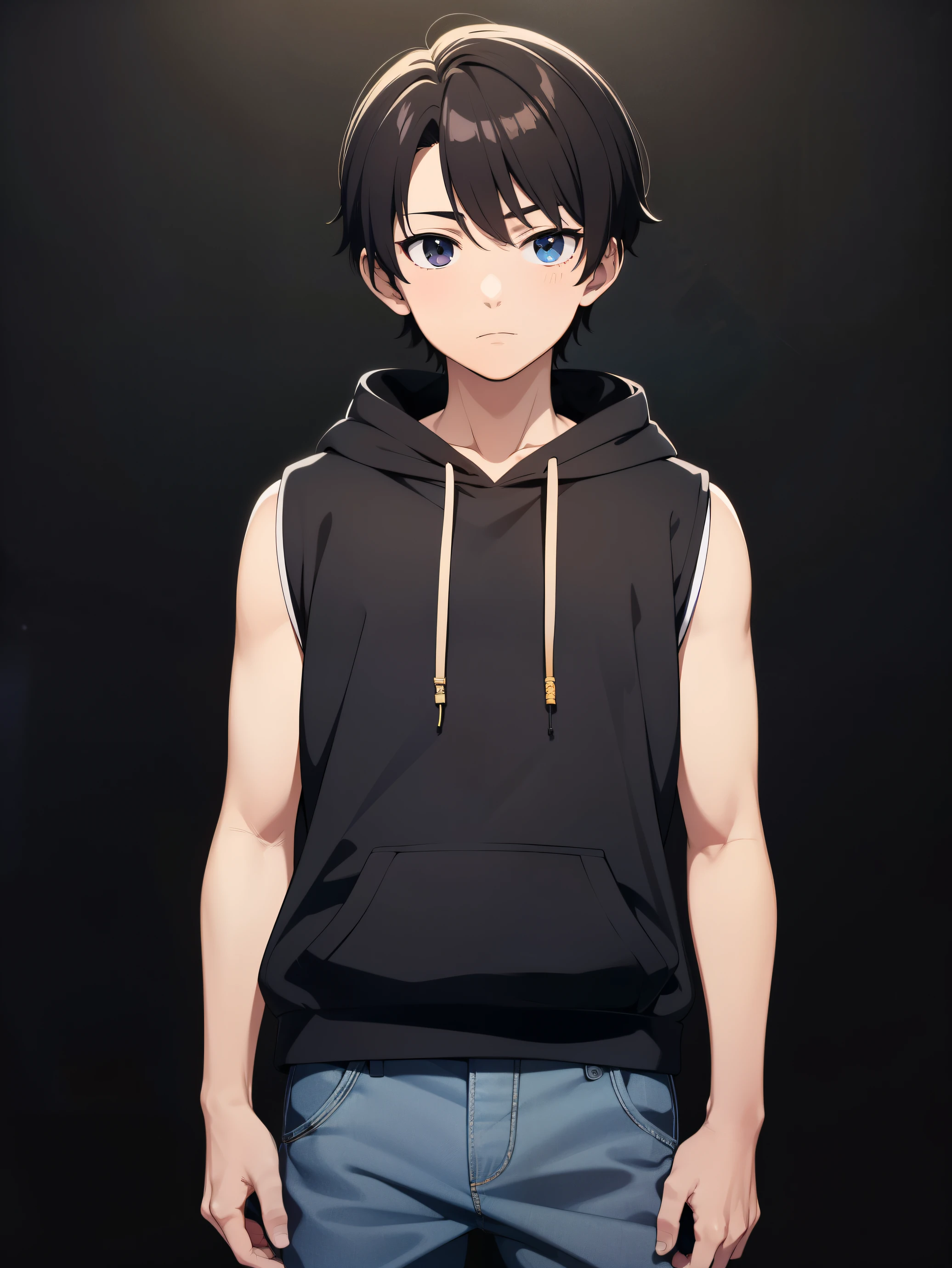 Highres, Masterpiece, Best quality at best,Best Quality,hight quality, hight detailed, Anime style, 1boy, Shota, young boy, Solo person, Black hoodie, Sleeveless hoodie, Seen from the front, look at viewer, (very young boy), (very small and short body), 12-year-old boys,