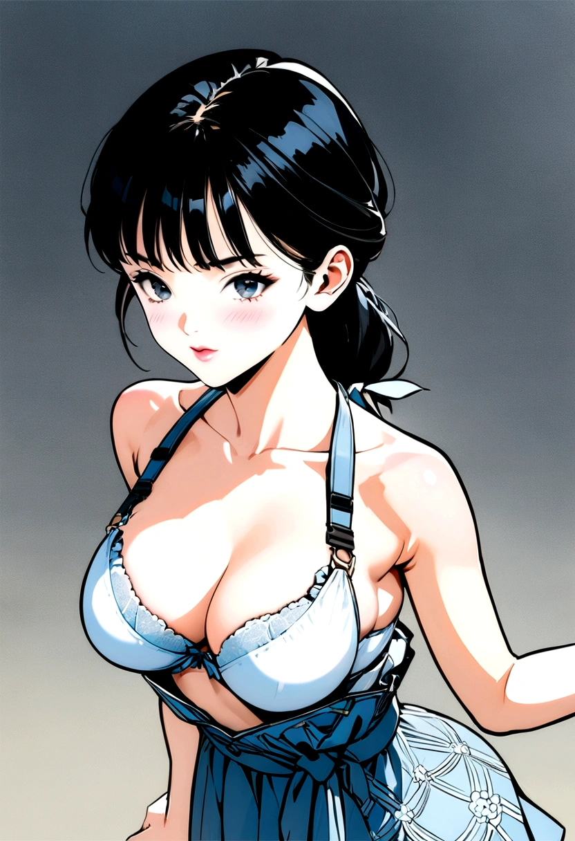 ((Top quality, masterpiece, freak, super resolution)), 1 girl, Japanese model,,Smooth black hair,The woman wears a , (push-up bra), designed to provide adequate support and enhance the breasts. Holter neck style baby doll, front: large opening at the chest tied with a thin ribbon, waist fitting, short and flared skirt, color: black, pattern: frills on the chest and skirt hem, sheer fabric giving a light impression, back: large open back with continued holter neck design, thin band at the waist, short and flared skirt similar to the front, color: black, pattern: frills on the chest and skirt hem, sheer fabric used on the back as well, overall: elegant and sexy design.