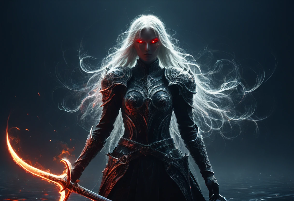 8k resolution, depth of field, photorealistic, lens flare, ((best quality)), (((intricate details))), highly detailed, (((cinematic effect))), looking at viewer,1girl,breasts,long hair, ((white hair with black highlights)), ponytail, ((glowing red eyes)), serious and severe face, ,wearing flame armor, helmet in the shape of a blood red head,holding,cleavages,V,vaporous swirls of deep black,holding weapon, sword, holding sword, night, (underworld,hells), well of cursed souls, (((the river styx background:1.5))),UHD, no anatomical defects,dark, extremely detailed, amazing quality, masterpiece, best quality, hyper detailed, ultra detailed, UHD, perfect anatomy, portrait, DOF, majestic, awesome, inspiring, cinematic, global illumination, dramatic, atmospheric haze, cinematic composition, deep shadows, death scythe,,made of mad-wsps, surrounded by glowing force magic,glowing character outline by dark aura (blue:1.5)