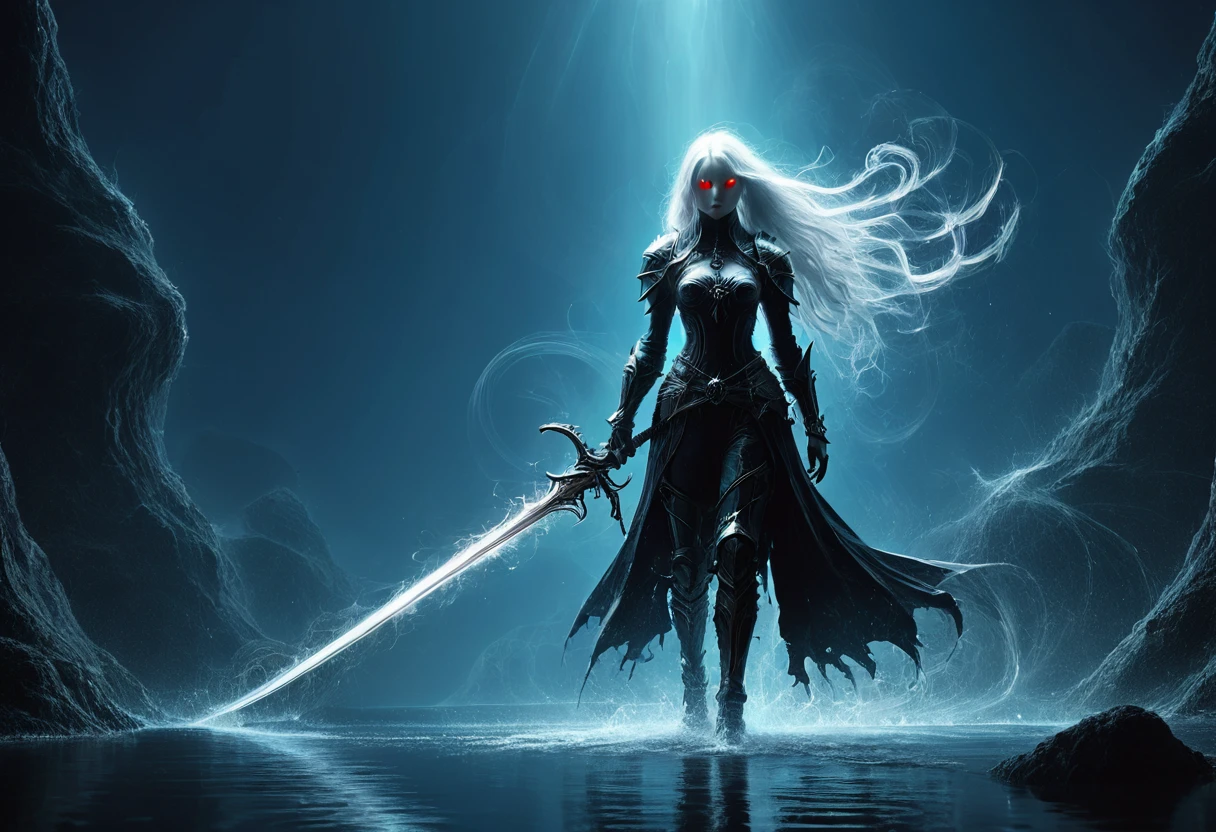 8k resolution, depth of field, photorealistic, lens flare, ((best quality)), (((intricate details))), highly detailed, (((cinematic effect))), looking at viewer,1girl,breasts,long hair, ((white hair with black highlights)), ponytail, ((glowing red eyes)), serious and severe face, ,wearing flame armor, helmet in the shape of a blood red head,holding,cleavages,V,vaporous swirls of deep black,holding weapon, sword, holding sword, night, (underworld,hells), well of cursed souls, (((the river styx background:1.5))),UHD, no anatomical defects,dark, extremely detailed, amazing quality, masterpiece, best quality, hyper detailed, ultra detailed, UHD, perfect anatomy, portrait, DOF, majestic, awesome, inspiring, cinematic, global illumination, dramatic, atmospheric haze, cinematic composition, deep shadows, death scythe,,made of mad-wsps, surrounded by glowing force magic,glowing character outline by dark aura (blue:1.5)