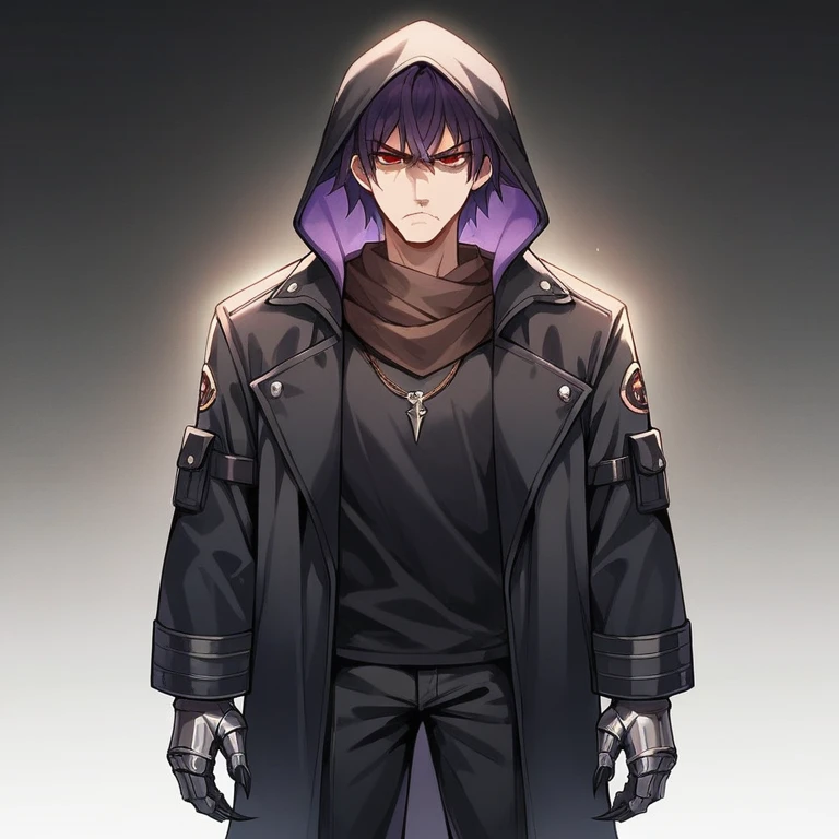 Black trench coat with hood, metal gloves with black claws, short purple hair, masculine, scar on lip, Red eyes, Black pants,black metal boots, dark brown scarf, average musculature, black combat t-shirt,serious face