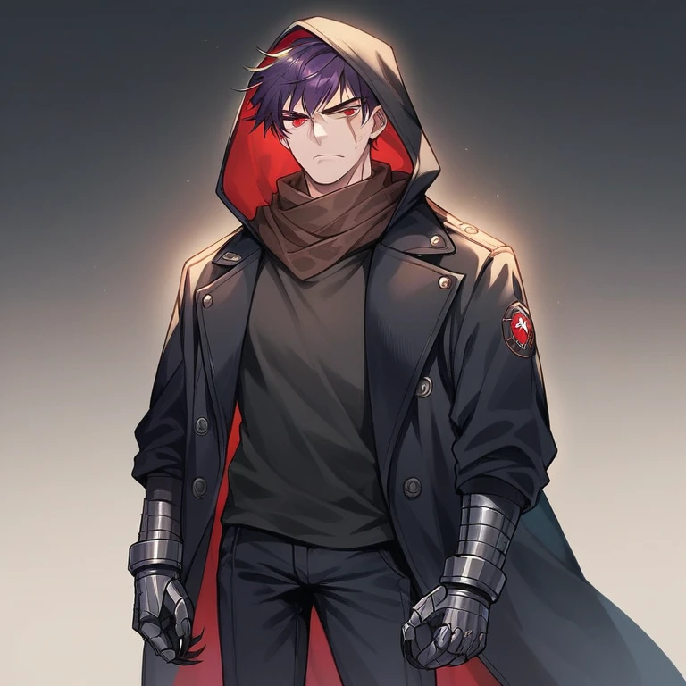 Black trench coat with hood, metal gloves with black claws, short purple hair, masculine, scar on lip, Red eyes, Black pants,black metal boots, dark brown scarf, average musculature, black combat t-shirt,serious face