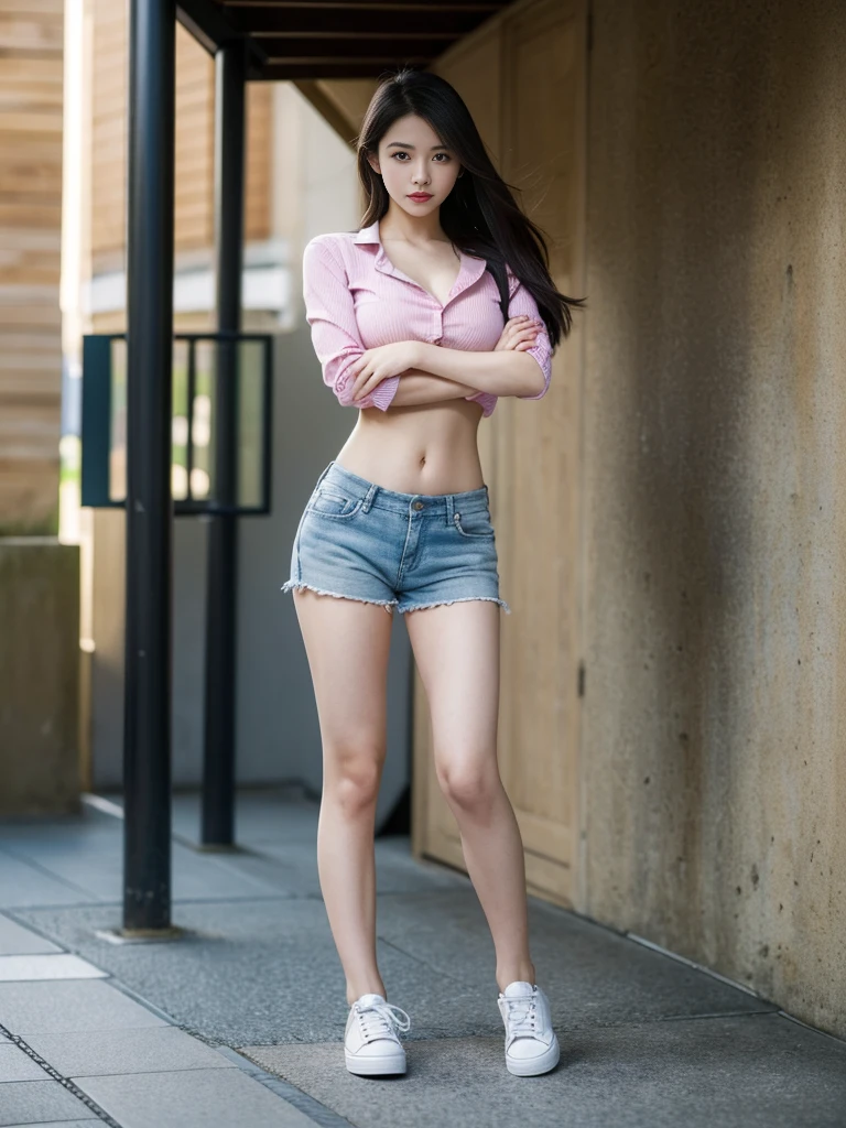 (best quality, Masterpiece, Realistic photos, very detailed, Ultra high resolution, raw:1.3), 1 woman, beautiful, Japan, in university, A young university girl wears a green button-up crop top., Blue Jeans, showing navel, College Student, navel, (canvas shoes, ขาbeautiful, full body), Walking place, holding a book, Dress well, ((cross her arms over her chest))