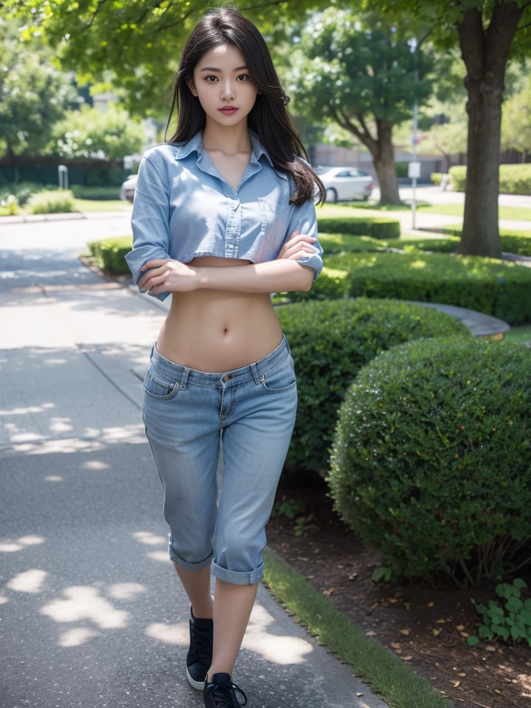(best quality, Masterpiece, Realistic photos, very detailed, Ultra high resolution, raw:1.3), 1 woman, beautiful, Japan, in university, A young university girl wears a green button-up crop top., Blue Jeans, showing navel, College Student, navel, (canvas shoes, ขาbeautiful, full body), Walking place, holding a book, Dress well, ((cross her arms over her chest))