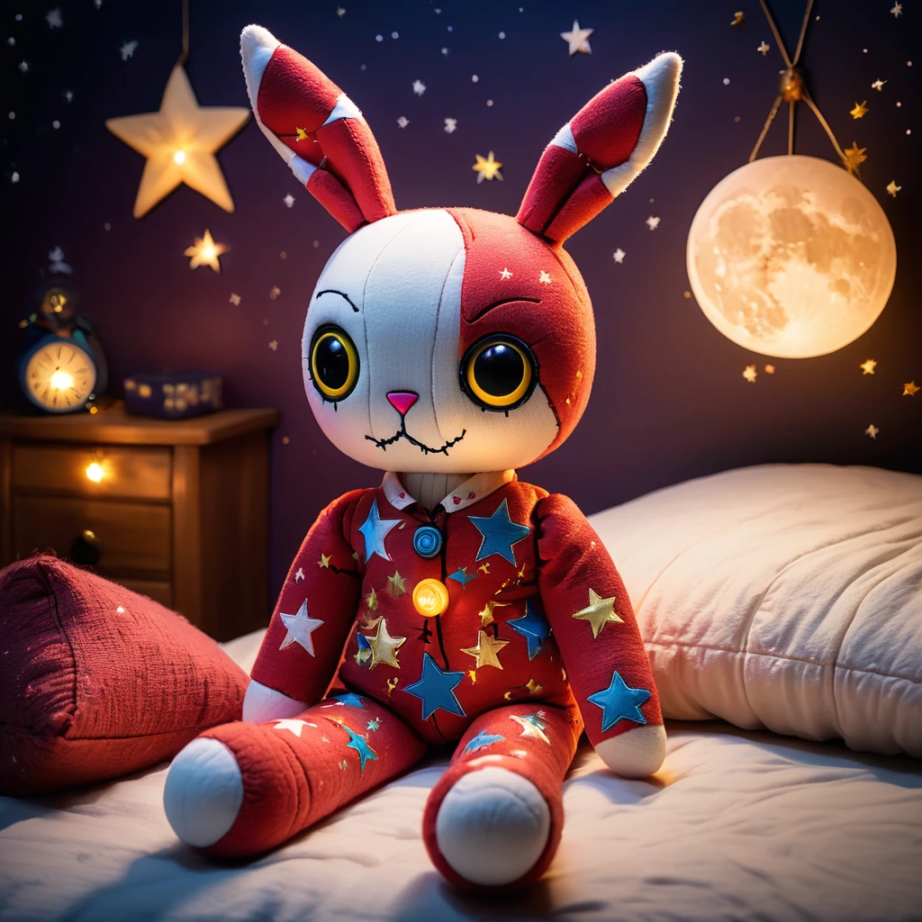 (knitted toy voodoo doll:1.5), (voodoo doll rabbit:1.2), (in the bedroom:1.3), (clothes: comfortable pajamas with patterns of stars and moon:1.0), (accessories: enchanted night light emitting a soft glow, floating plush toys:1.1), (background: cozy bedroom with a warm bed, soft lighting and a peaceful atmosphere:1.2), best quality, masterpiece, detailed soft oil painting, detailed background, dramatic cinematic lighting, soft edge lighting, professional, dramatic lighting, hard edge lighting, ultra quality, 4k, masterpiece, best quality, 8k, ultra high definition, high resolution, extremely detailed