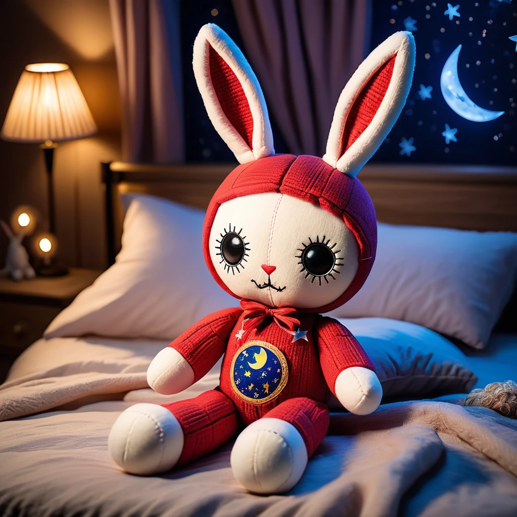 (knitted toy voodoo doll:1.5), (voodoo doll rabbit:1.2), (in the bedroom:1.3), (clothes: comfortable pajamas with patterns of stars and moon:1.0), (accessories: enchanted night light emitting a soft glow, floating plush toys:1.1), (background: cozy bedroom with a warm bed, soft lighting and a peaceful atmosphere:1.2), best quality, masterpiece, detailed soft oil painting, detailed background, dramatic cinematic lighting, soft edge lighting, professional, dramatic lighting, hard edge lighting, ultra quality, 4k, masterpiece, best quality, 8k, ultra high definition, high resolution, extremely detailed