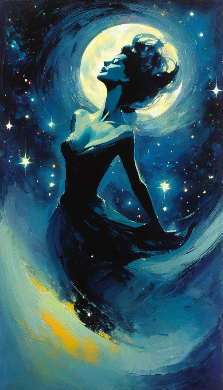 orgasm, magic, fantastic, night sky, moon, stars, background, (simple oil painting in a style to Bill Sienkiewicz)