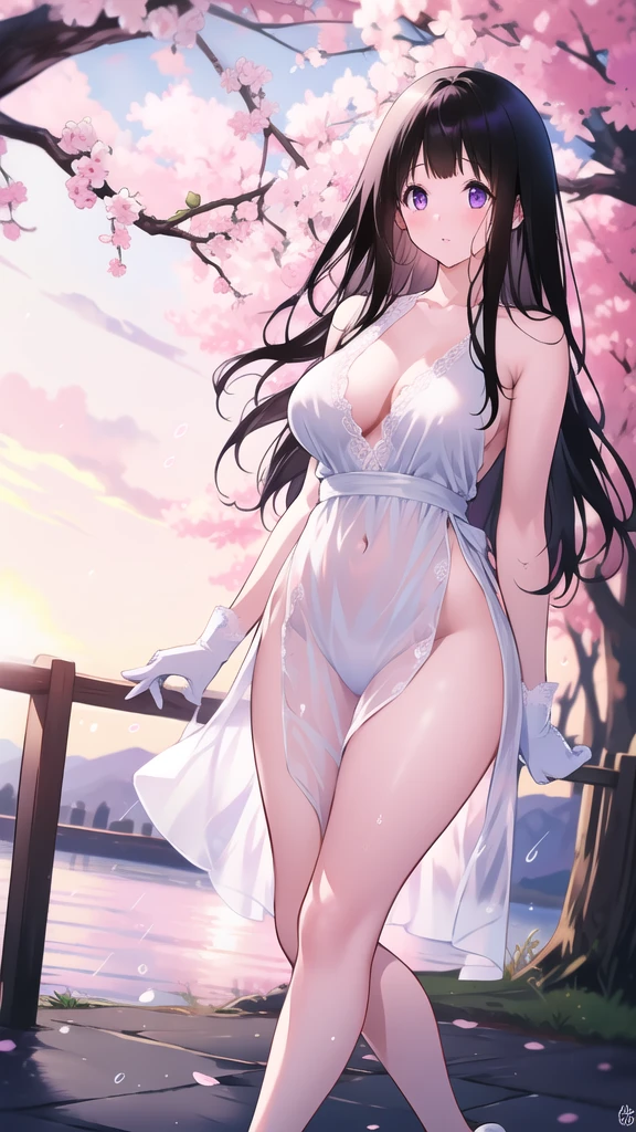 Amazing Chitanda, There is only one beautiful girl，Purple Eyes, Black Hair, Very red face，Very white skin，Glowing skin，Skin as delicate as porcelain，Naturally straight hair, Straight bangs，Extremely refined，Open lips，Long flowing hair，Beautiful Girl, Like a dream，Slim，Slim waist，Soft, (Sensual), (Kawaii), Dream quality，Beautiful big breasts，Sheer loose dress，Areola，Completely naked，Lower edge of breast，White gloves，Flower decoration，Deep V neckline，Loose neckline，White lace-up，Wide neckline，Walking in school，Place your hands on your inner thighs，Thighs clamp hands，Wet skin，Sweaty and sweaty，Sweating all over，it is raining，Next to the cherry blossom trees，Back to，Lean over，Hips，Side body，Gluteal groove，Completely naked的臀部，Bare back，Completely naked的背部，Light transmission，（no pants），nopan，pussy juice，Bare shoulders，There are no shoulder straps，Bare neck，Exposed collarbone，Exposing breasts，Exposing breasts侧面，Exposing breasts下面，Show your waist，Show your buttocks，Show your thighs，Exposing the groin，（No pants），extremely shy，Ultra-high resolution, (masterpiece:1.2, best quality), (Delicate and beautiful eyes: 1.2), (Beautiful and delicate face)