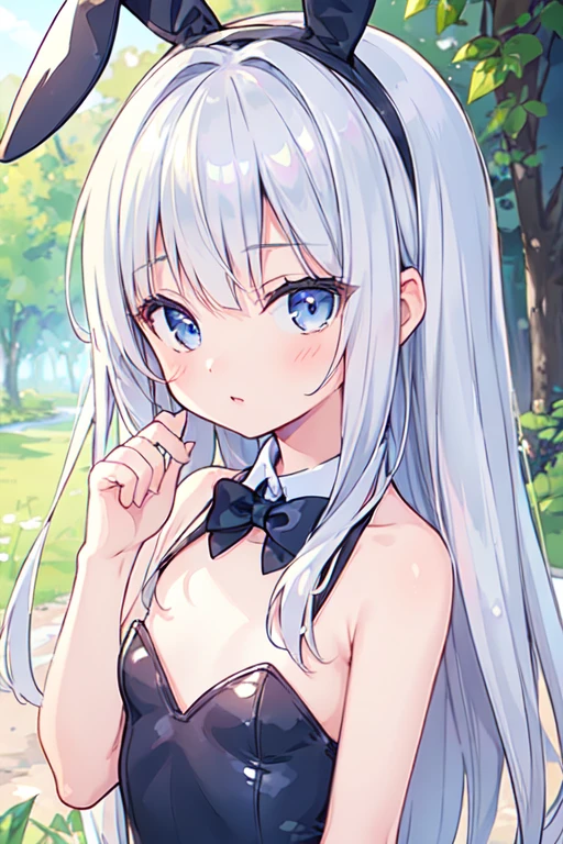 (best quality, masterpiece:1.2), ultra detailed, extremely detailed eyes and face, natural skin texture, detailed skin, natural lighting,
chibi, 1 girl, 12-years-old, (cute),
silver hair, middle hair, straight hair, shiny hair,
blue eyes,
flat chest,
playboy bunny,
upper body,
