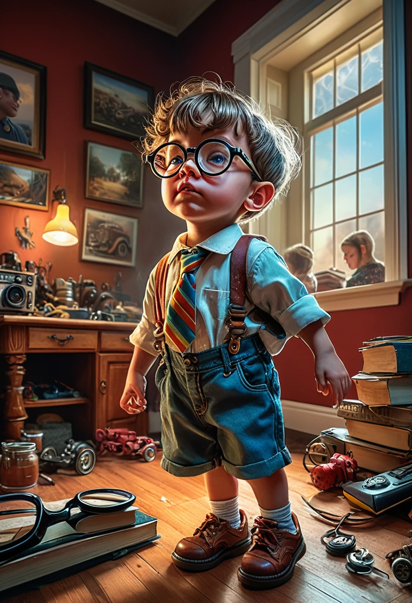 Wearing Glasses, full body, by Bob Byerley, dramatic composition, cinematic dynamic action scene, vibrant colors, cinematic lighting, dramatic lighting, best quality, masterpiece, very aesthetic, perfect composition, intricate details, ultra-detailed