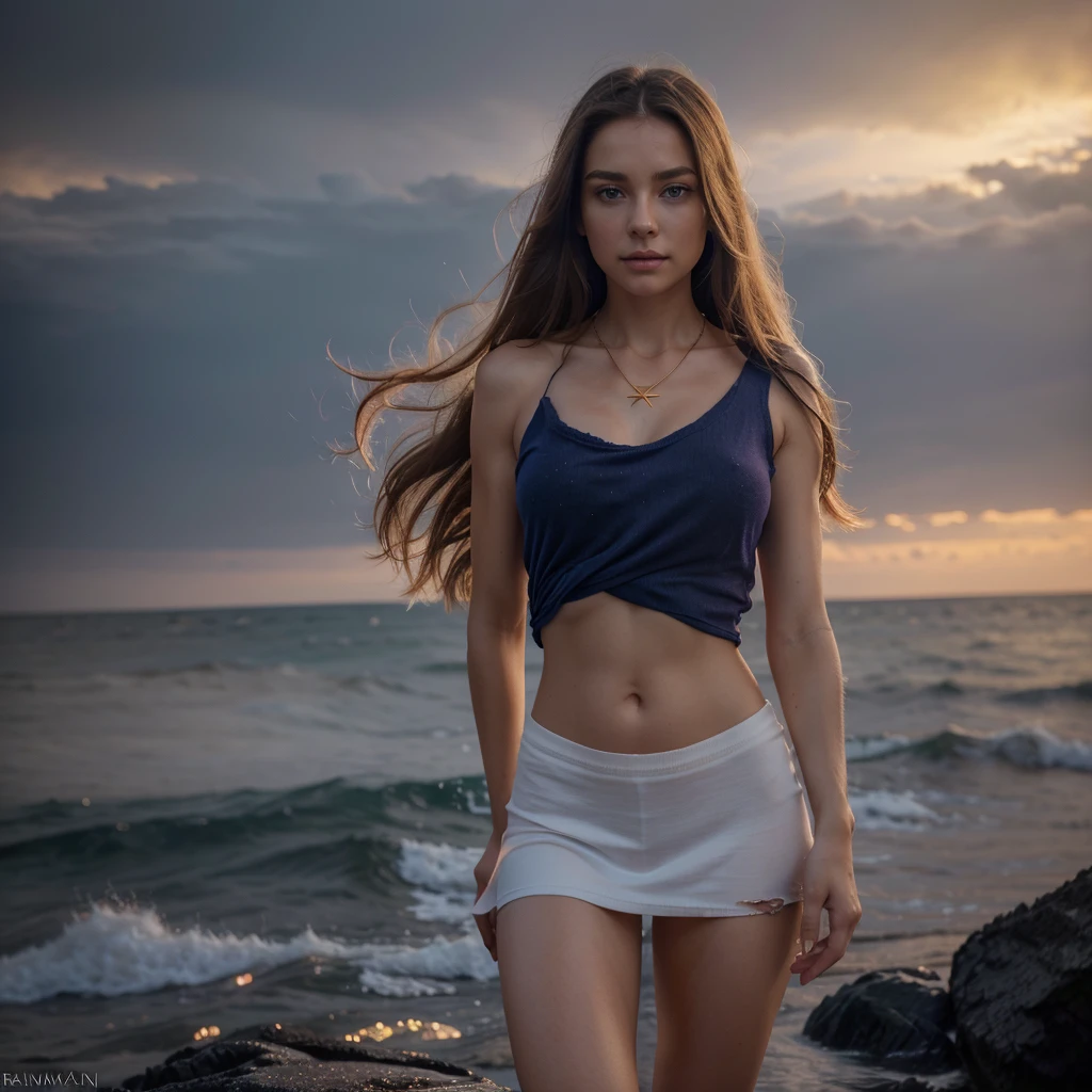 full body shot:1.3), standing on the high rocks near the seashore , it's night , red and purple clouds at the sky, stars at the sky ,looking at viewer,((tugging on torn and old very short t shirt. shoulders showing ,golden necklace around her beautiful neck)), 28 yearsold ,small breasts, small waist, long brown flowing hair glamour, (blue eyes, beautiful eyes), beautiful face, perfect illumination ,beautiful detailed eyes, looking at viewer, stunningly beautiful woman, detailed hairstyle, good hands, detailed hands, thumbs are anatomically in correct position ,good feet, beautiful long legs, red nail polish)(8k, RAW photo, best quality, masterpiece:1.2), (realistic, photo-realistic:1.37), ultra high res, , radiosity, physically-based rendering, ambient light, (cinematic composition:1.0),professional soft lighting, light on face,