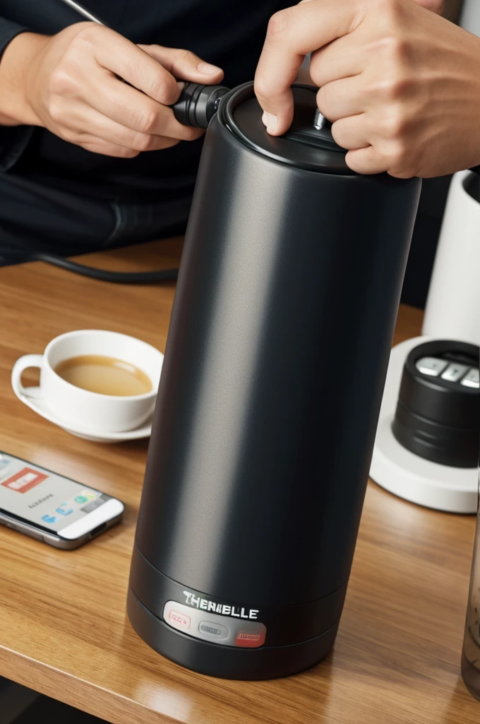 A large thermos with a rechargeable battery that can be controlled with a cell phone app
