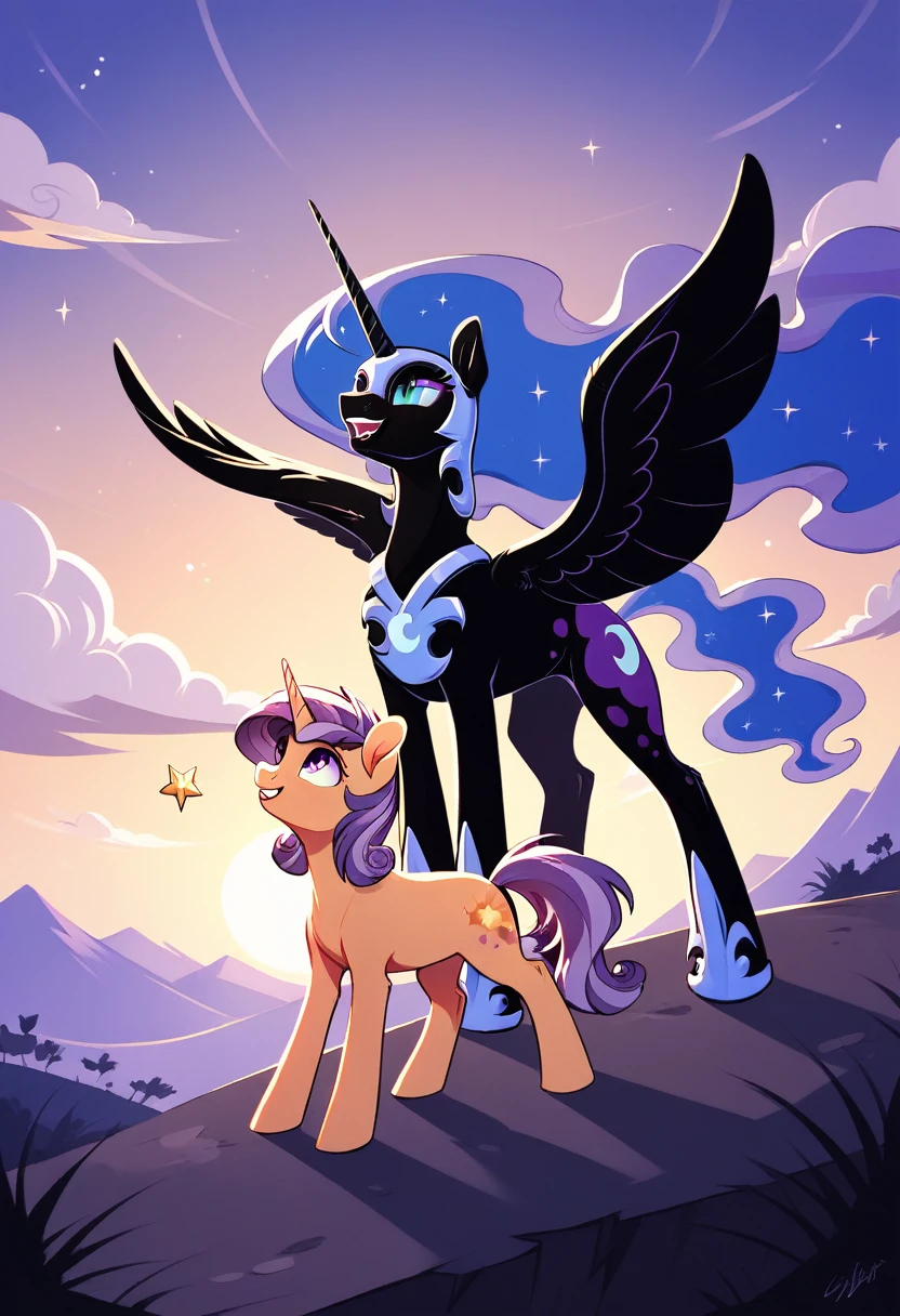 score_9, score_8_up, score_7_up, score_6_up, score_5_up, score_4_up, MLP, dark blue fur, wavy lavender mane and tail, mane styled into a bob, short tail, lavender eyes, golden star cutie mark, golden chocker, cloudy landscape, night, moonscape, duo, looking up at Nightmare Moon