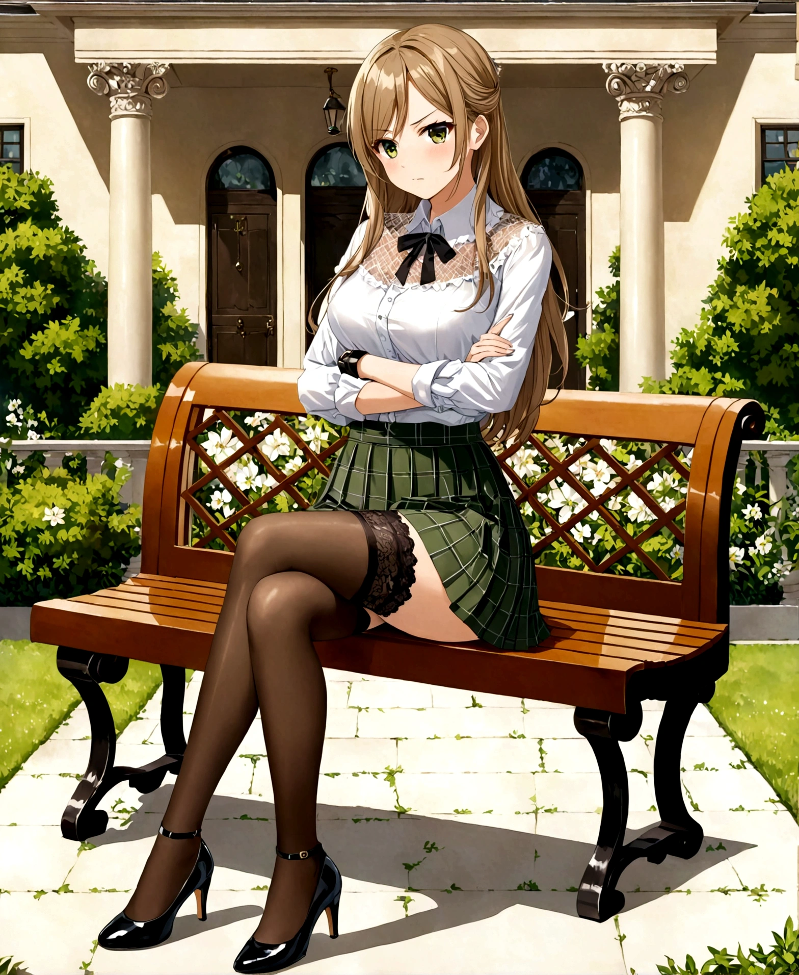 A woman, young teenage girl, mansion, garden, would be, angry, sobbing, crossing arms, sitting, bench, crossing legs, hourglass shaped body, shapely legs, medium breasts, medium hip, small waist, long hair, light brown hair, olive green eyes, almond eyes, casual wear, mini skirt, mini skirt with flower patterns, pleated mini skirt, thigh-high stockings, stockings held up by garters, stockings with diamond patterns, blouse, blouse with lace, neckline, blouse with butterfly patterns, patent leather shoes, medium heels,