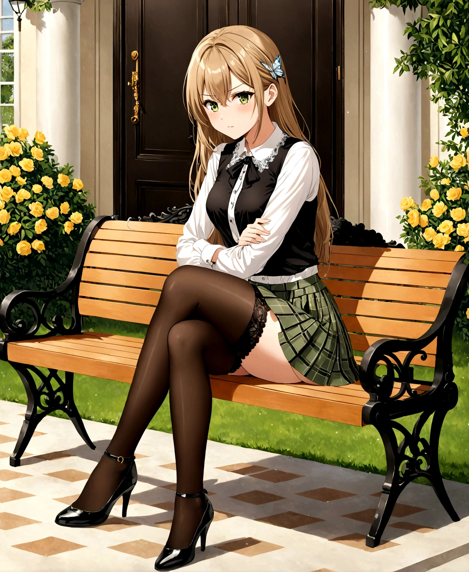 A woman, young teenage girl, mansion, garden, would be, angry, sobbing, crossing arms, sitting, bench, crossing legs, hourglass shaped body, shapely legs, medium breasts, medium hip, small waist, long hair, light brown hair, olive green eyes, almond eyes, casual wear, mini skirt, mini skirt with flower patterns, pleated mini skirt, thigh-high stockings, stockings held up by garters, stockings with diamond patterns, blouse, blouse with lace, neckline, blouse with butterfly patterns, patent leather shoes, medium heels,