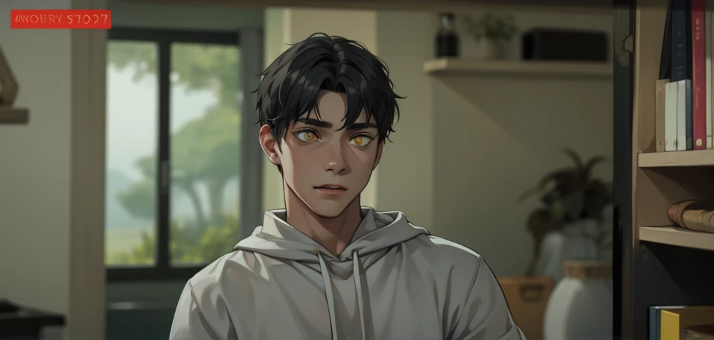 young 19-year-old male with white hair and yellow eyes, wearing a black tunic, thoughtful, speaking out loud.