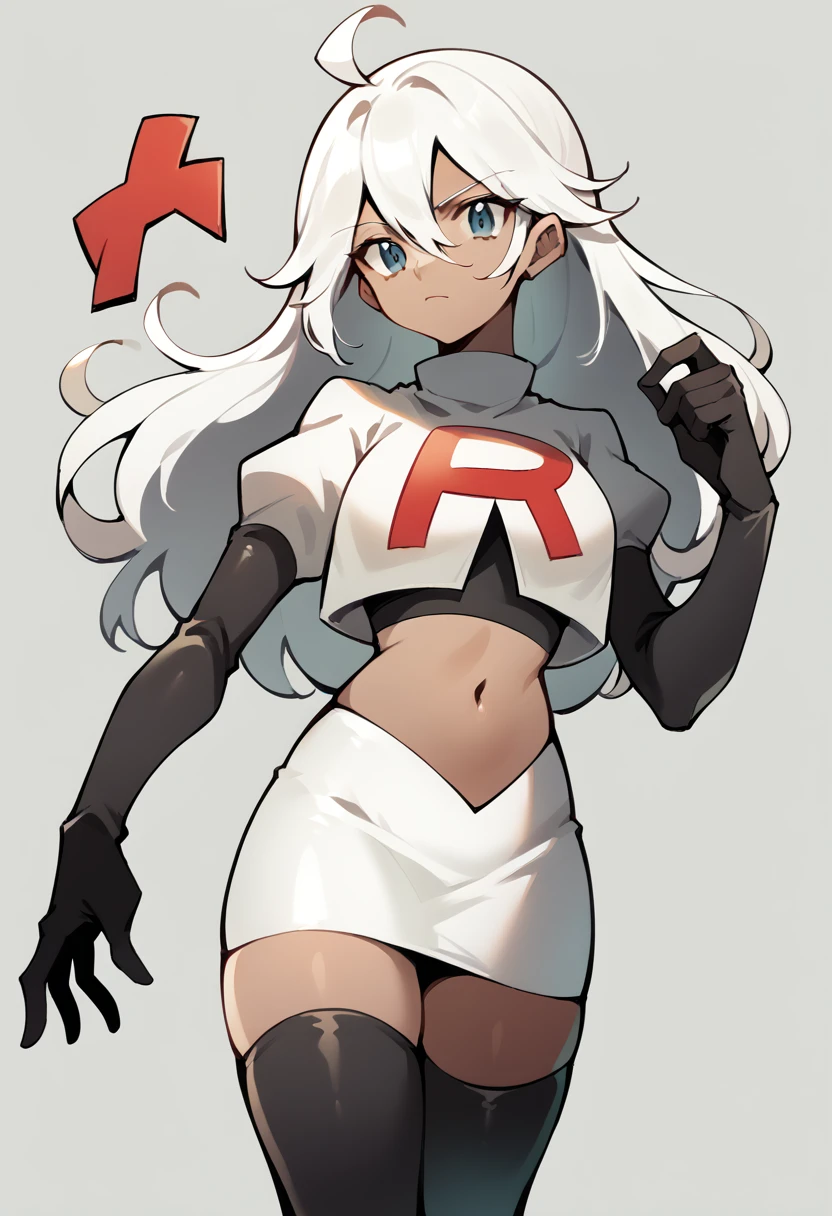 masterpiece, best quality, 1 girl  white hair, long hair,ahoge, team rocket,team rocket uniform,white skirt,red letter R,crop top,black thigh-highs,black elbow gloves