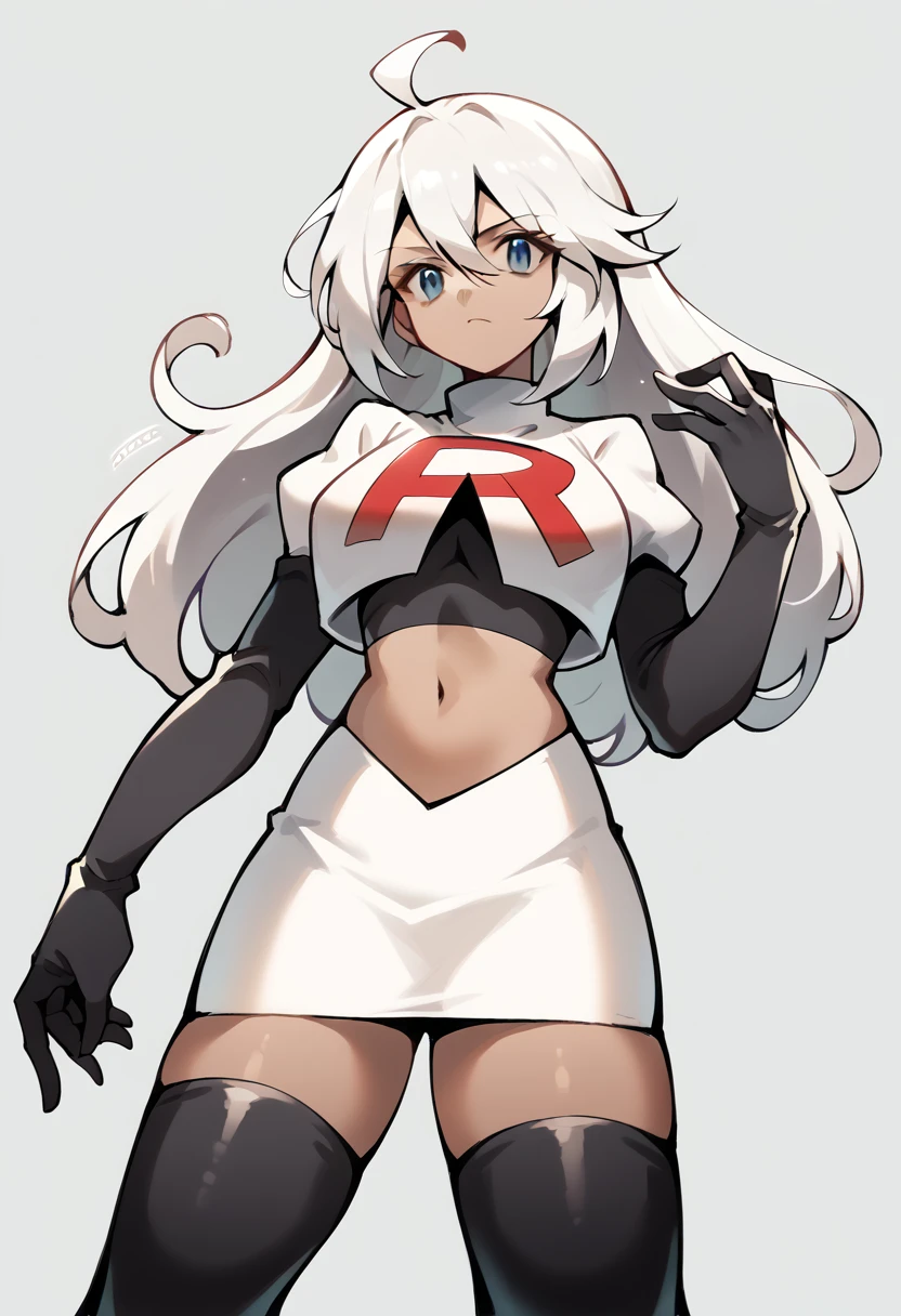 masterpiece, best quality, 1 girl  white hair, long hair,ahoge, team rocket,team rocket uniform,white skirt,red letter R,crop top,black thigh-highs,black elbow gloves