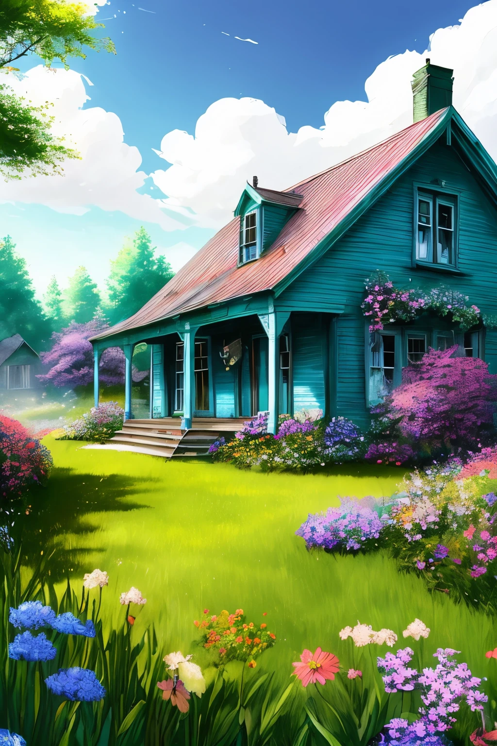 Very cozy little place, Hyperrealism, (anime Makoto Shinkai:0.4), old shabby house in city swoodt,  Outdoor, null, cloud, Day, scenery, wood, blue null, Small Building, sign, Bright light, Wide Shot,  town, wilderness, Flowers,　Sunlight、green、Colorful flowers、Lots of flowers、