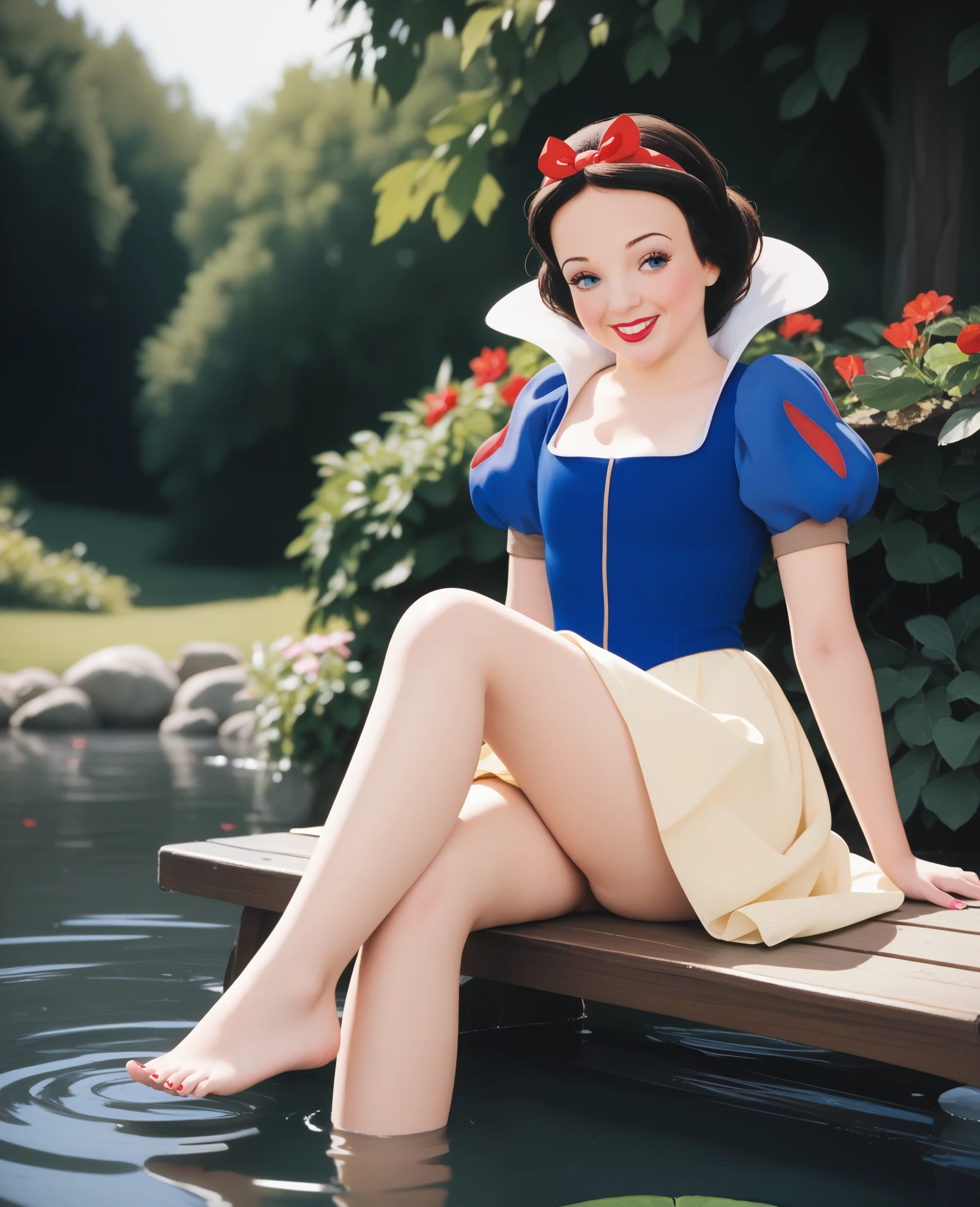 score_9, score_8_up, score_7_up, score_6_up, score_5_up, score_4_up, Snow White, 1girl, small smile, sitting by a pond, on a bench, feet in the water, zPDXL2, 