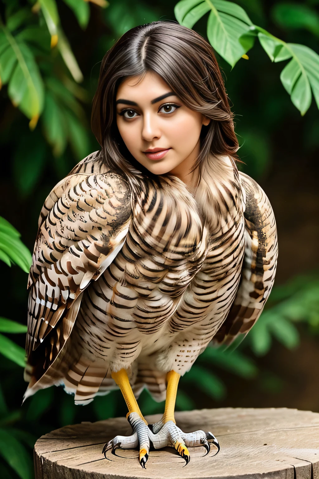 Hansika Motwani is a owl bird, She is a bird but her head looks like girl, from neck to full body looks like owl bird. Owl legs, Owl wings. Bird body, Owl body,   perfect picture, perfect bird, real bird, Real head replace with real Owl head. Exact Bird. Colorful Owl.