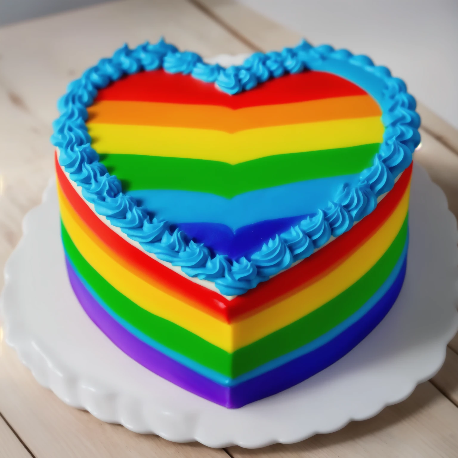 on a wooden table, worth a heart shaped cake, rainbow gradient cream cake, Cream cake , cream texture, Realistic style, realistic texture, bright lighting, high quality, detailed texture, Beautiful light from the window, beautiful lighting, high detail, ultra 4k hd, bright lighting