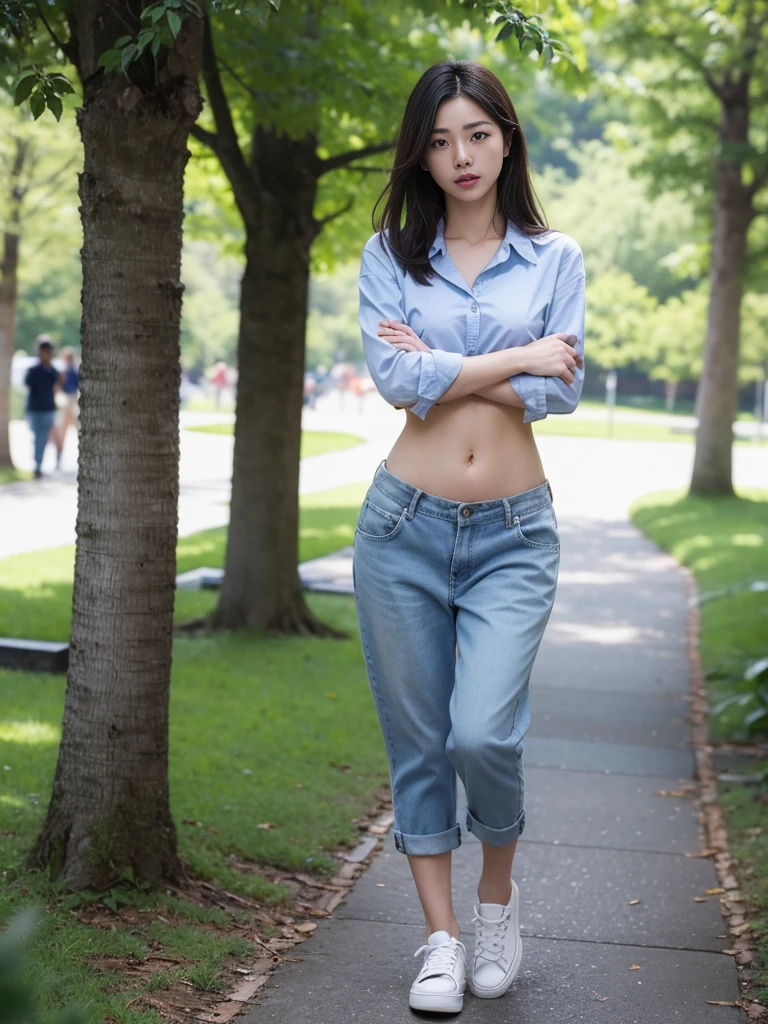 (best quality, Masterpiece, Realistic photos, very detailed, Ultra high resolution, raw:1.3), 1 woman, beautiful, Japan, in university, A young university girl wears a green button-up crop top., Blue Jeans, showing navel, College Student, navel, (canvas shoes, ขาbeautiful, full body), Walking place, holding a book, Dress well, ((cross her arms over her chest)), crying