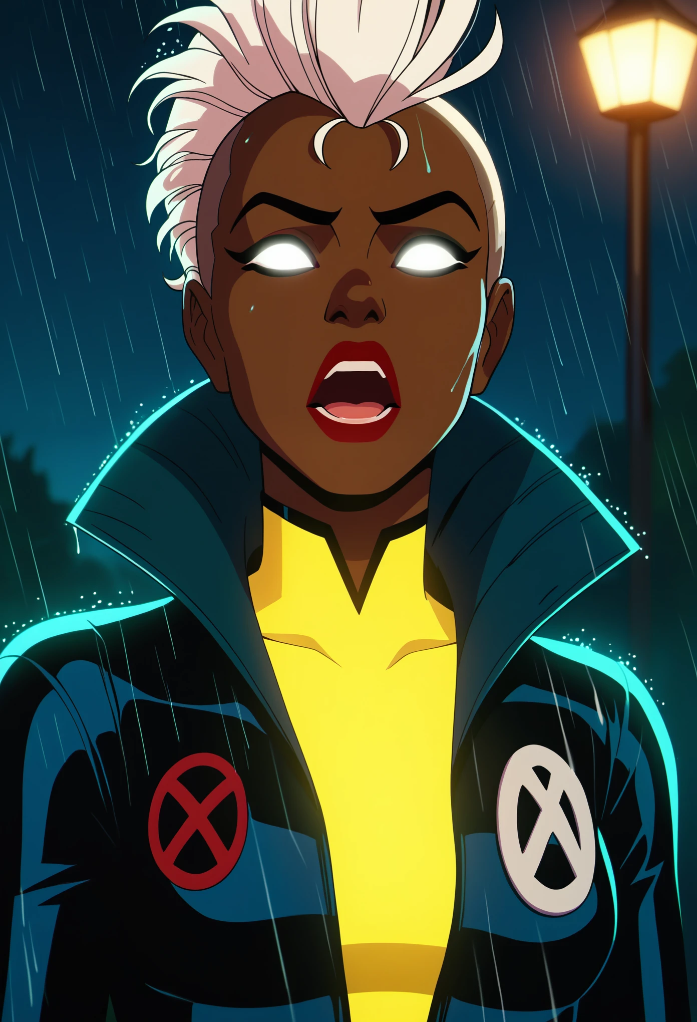 xmen97 style, 1girl, rain, lighting, solo, mohawk, glowing, eyes glow, open mouth, white eyes, white hair, makeup, dark skin, dark skinned female, white body suit, lipstick, red lips, anime coloring, flat color, cel shading, cel shaded, 2d, PonyXLV6_Scores zPDXL