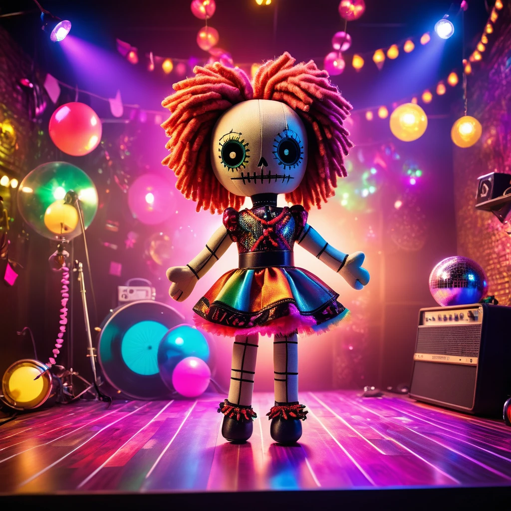 (knitted toy voodoo doll:1.5), (Voodoo Doll at a Retro Party:1.3), (Clothing: 70s-themed attire with disco patterns:1.0), (Accessories: enchanted disco ball emitting colorful light, floating vinyl records:1.1), (background: vibrant party scene with dance floor, neon lights, and a lively crowd:1.2), best quality, masterpiece, detailed soft oil painting, detailed background, dramatic cinematic lighting, soft edge lighting, professional, dramatic lighting, hard edge lighting, ultra quality, 4k, masterpiece, best quality, 8k, ultra high definition, high resolution, extremely detailed