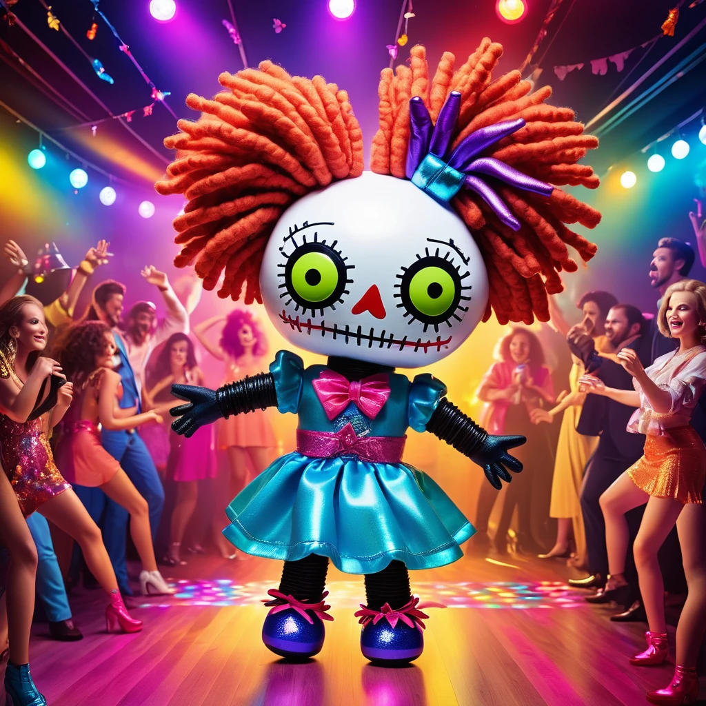 (knitted toy voodoo doll:1.5), (Voodoo Doll at a Retro Party:1.3), (Clothing: 70s-themed attire with disco patterns:1.0), (Accessories: enchanted disco ball emitting colorful light, floating vinyl records:1.1), (background: vibrant party scene with dance floor, neon lights, and a lively crowd:1.2), best quality, masterpiece, detailed soft oil painting, detailed background, dramatic cinematic lighting, soft edge lighting, professional, dramatic lighting, hard edge lighting, ultra quality, 4k, masterpiece, best quality, 8k, ultra high definition, high resolution, extremely detailed