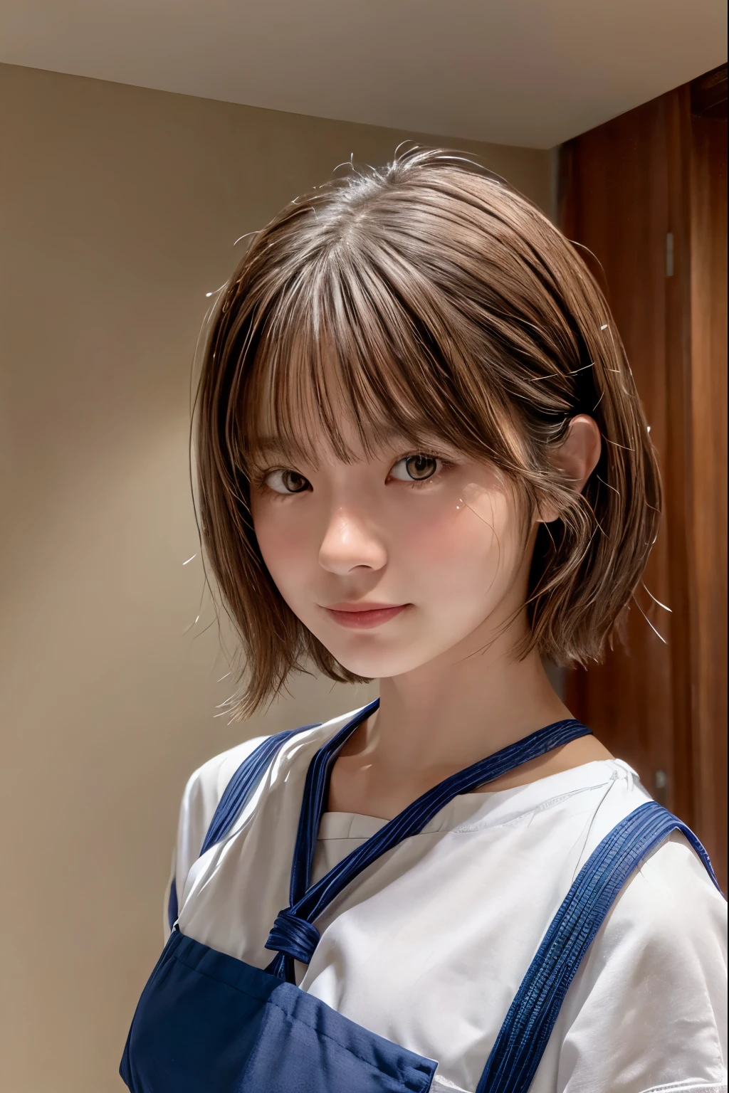 Cute girl tied up、beauty、Even out the eyey hands are tied with ropes、Inside the hotel room、White short sleeve shirt、Navy blue standing in front of a wall、Age 25、Medium build、Small face、, light brown hair, shiny hair, hair over shoulder, expressive hair, straight hair, asymmetrical bangs, seductive smile, Surrealism, Verism, depth of field, cinematic lighting, first-person view, Nikon, f/1.2, UHD, anatomically correct, textured skin, best quality, highres, 8k