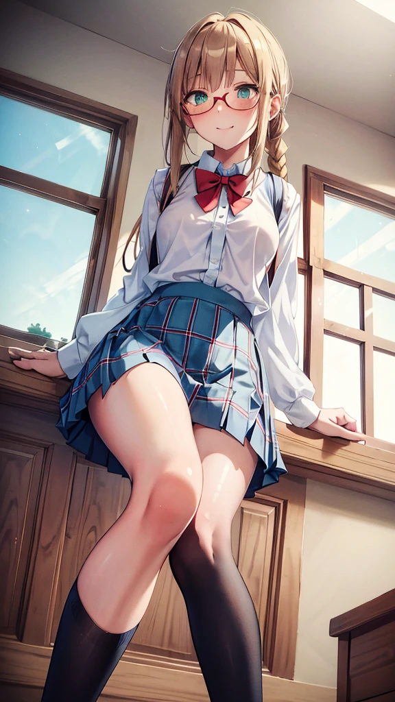 A masterpiece,whole body, a beautiful girl, long hair with blonde ponytail,green eyed ,red glasses, school dress, short white blouse, with a vest over his light blue ,red bow tie,black and blue plaid skirt, long black knee-high stockings, Brown shoes, with smile. blushing, classroom background