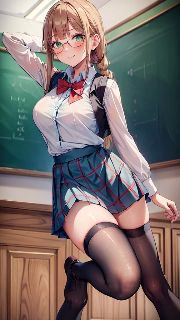 A masterpiece,whole body, a beautiful girl, long hair with blonde ponytail,green eyed ,red glasses, school dress, short white blouse, with a vest over his light blue ,red bow tie,black and blue plaid skirt, long black knee-high stockings, Brown shoes, with smile. blushing, classroom background