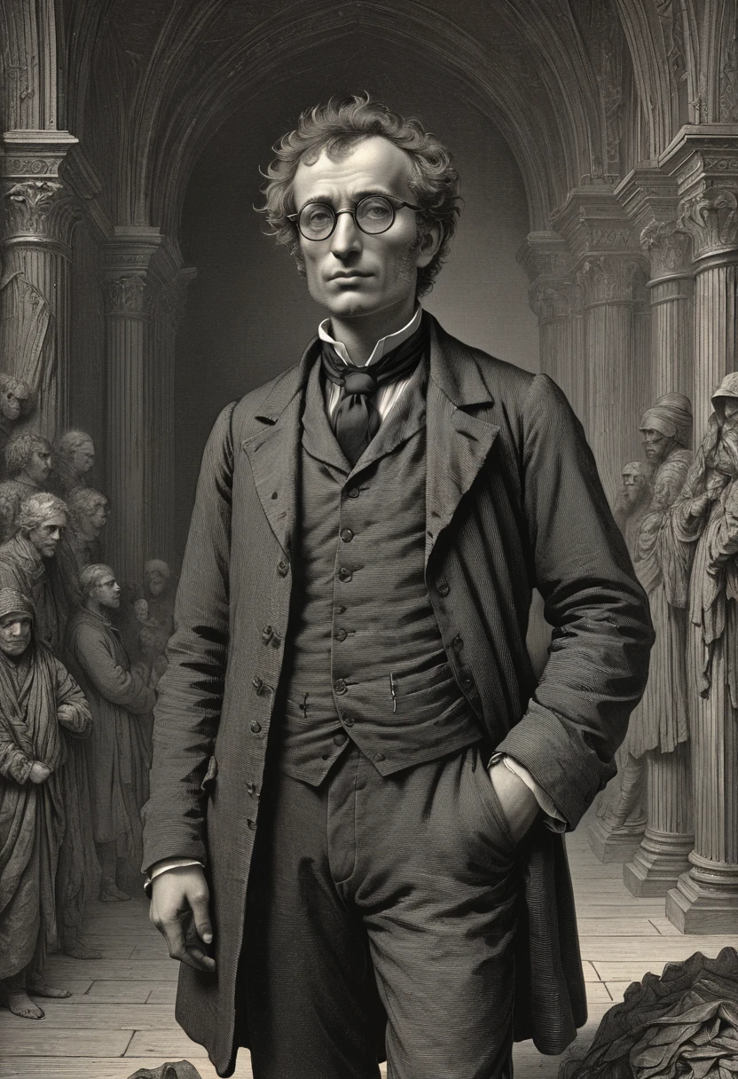 Wearing Glasses, full body, by Gustave Doré, best quality, masterpiece, very aesthetic, perfect composition, intricate details, ultra-detailed