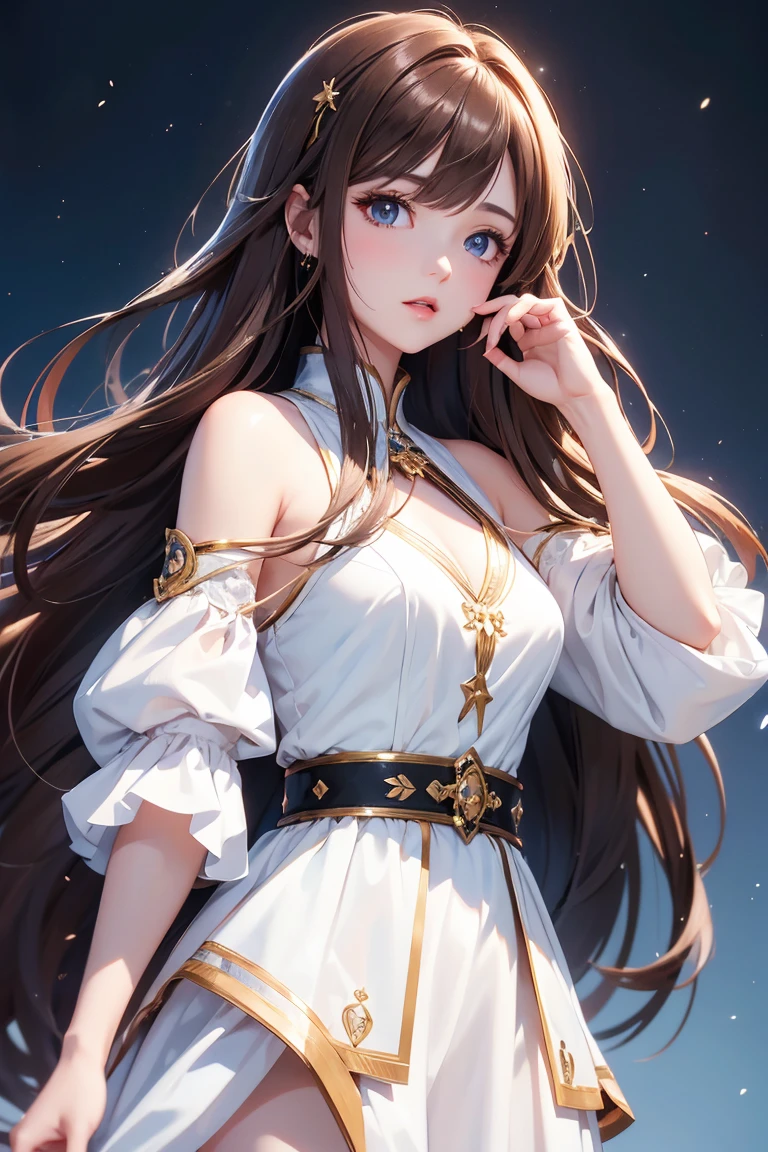 Masterpiece, Best quality, 1 Female,l, young girl, brown eyes, long hair, smoky mix brown color hair, resolute eyes, white and blue dress, long white eardrop, morden, frontal photo, blank background, remove background, anime, illustration