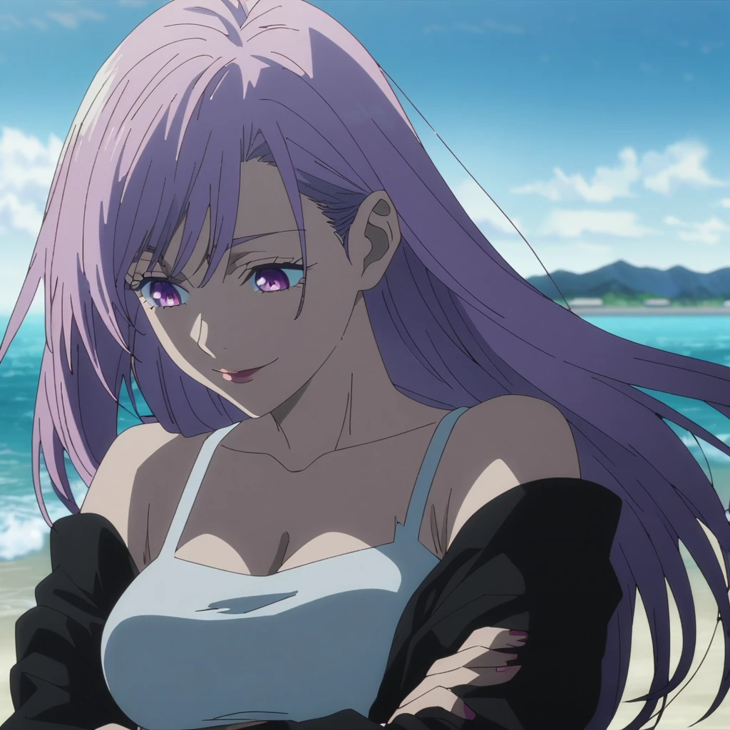1girl, female gojo satoru, anime screencap from jujutsu kaisen, gojo satoru female version, solo, long_hair, purple eyes, ((violet_hair)), beach view, ocean in background, breasts, upper_body, smile, swept bangs, purple_eyes, lips, (swept bangs) ((wearing crop top and off the shoulder jacket, cleavage)), breast, "very detailed and high resolution" (purple eyes) ((cross arms))  ((long hair)) ((solo)) ((high resolution)) ((full body)) ((Good quality)) ((high-resolution)) ((best quality))