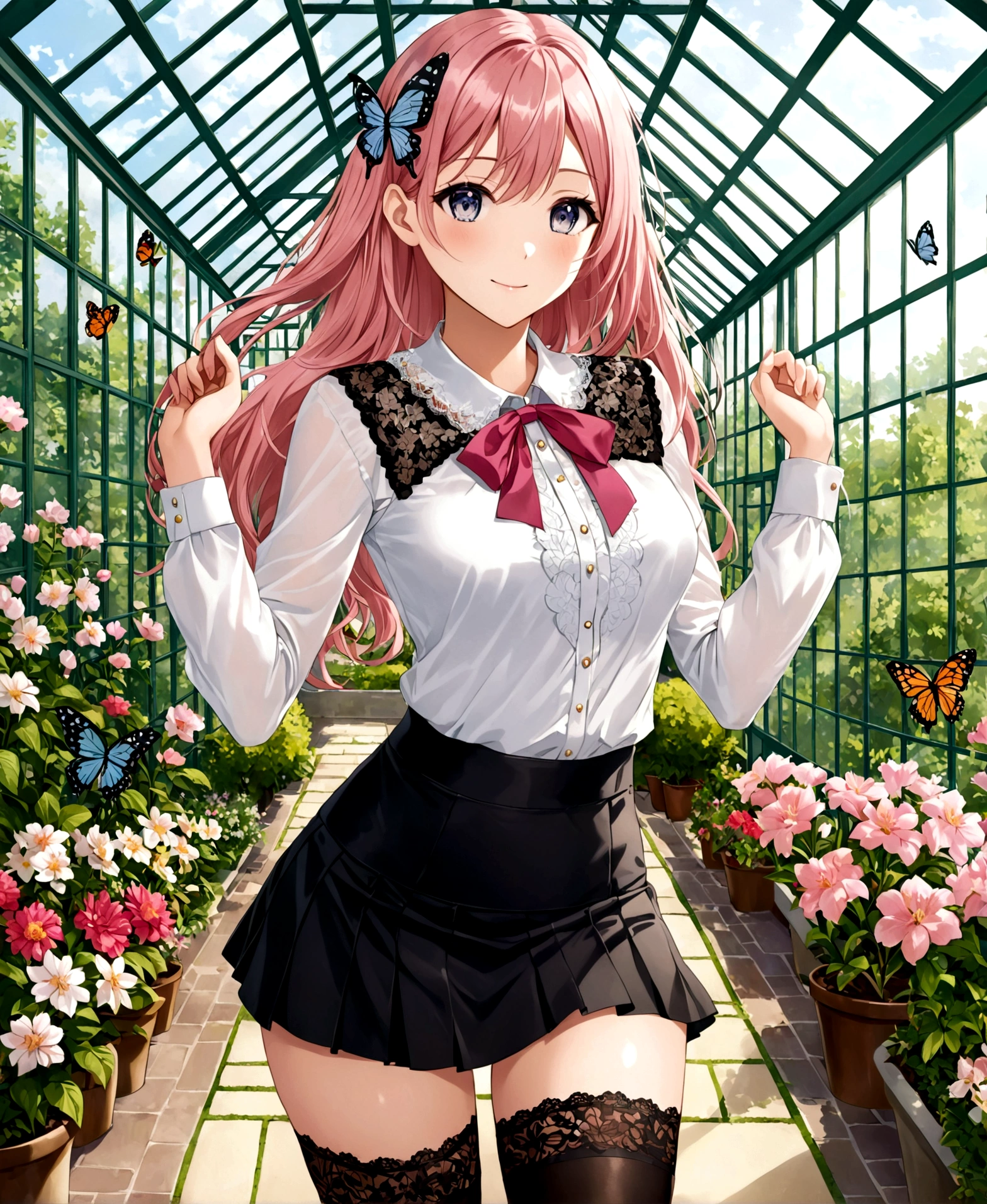 A woman, young teenage girl, mansion, garden, side of a greenhouse, happy, serene, cheerful, raising arms, hourglass shaped body, shapely legs, medium breasts, medium hip, small waist, long hair, pink hair, silver eyes, almond eyes, casual wear, mini skirt, mini skirt with flower patterns, pleated mini skirt, thigh-high stockings, stockings held up by garters, stockings with diamond patterns, blouse, blouse with lace, neckline, blouse with butterfly patterns, patent leather shoes, medium heels,