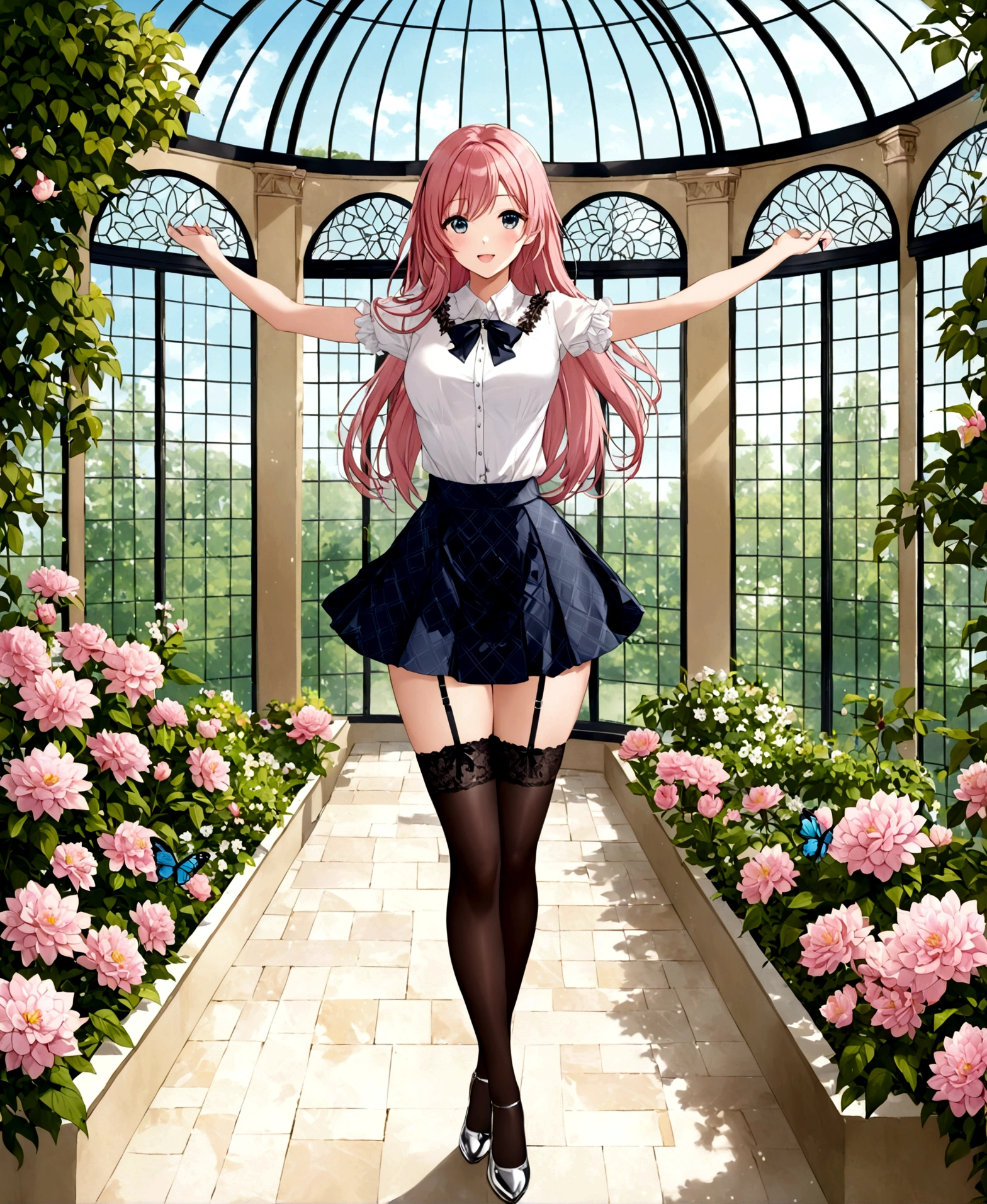 A woman, girl, mansion, garden, side of a greenhouse, happy, serene, cheerful, raising arms, hourglass shaped body, shapely legs, medium breasts, medium hip, small waist, long hair, pink hair, silver eyes, almond eyes, casual wear, mini skirt, mini skirt with flower patterns, pleated mini skirt, thigh-high stockings, stockings held up by garters, stockings with diamond patterns, blouse, blouse with lace, neckline, blouse with butterfly patterns, patent leather shoes, medium heels,