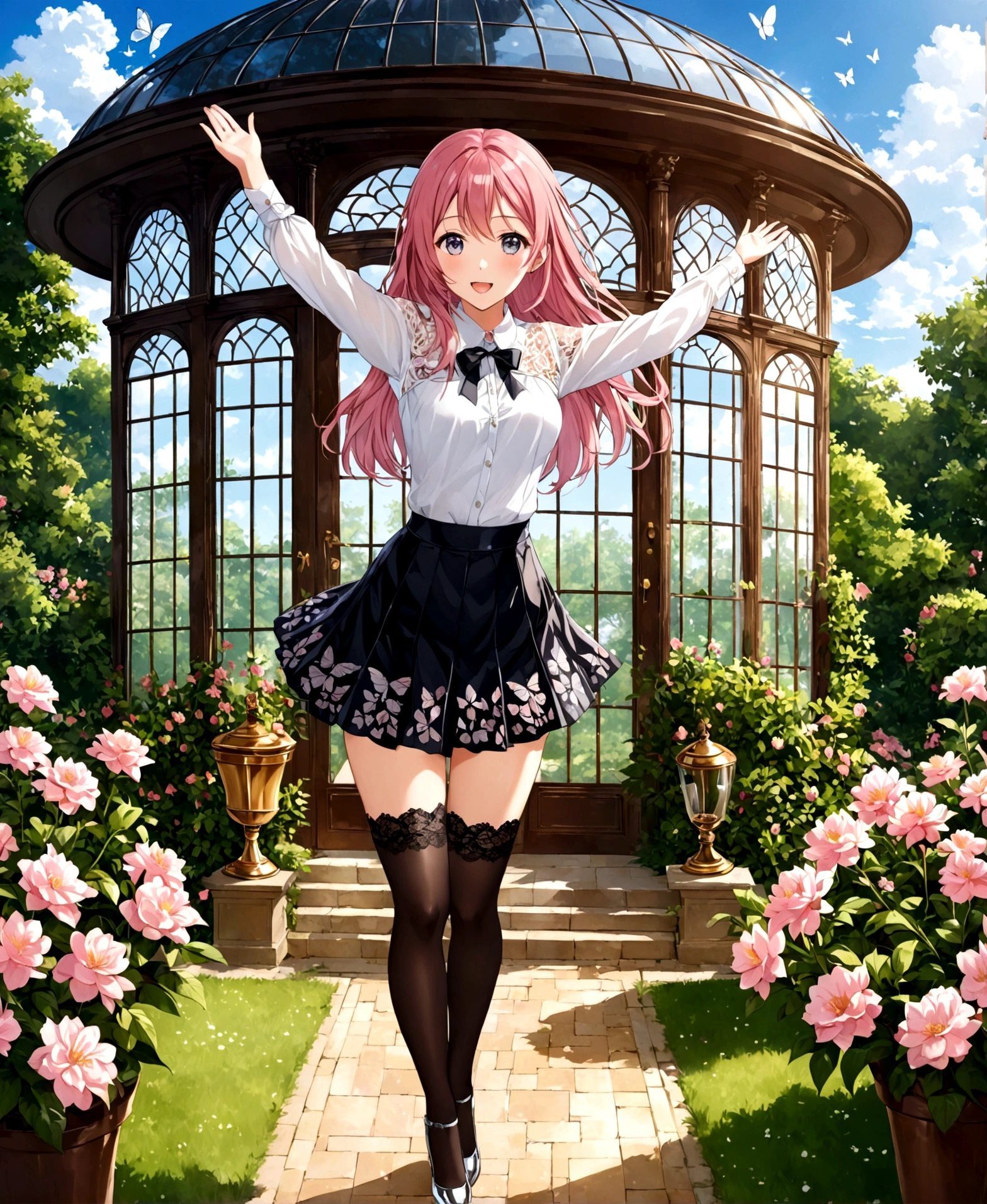 A woman, young teenage girl, mansion, garden, side of a greenhouse, happy, serene, cheerful, raising arms, hourglass shaped body, shapely legs, medium breasts, medium hip, small waist, long hair, pink hair, silver eyes, almond eyes, casual wear, mini skirt, mini skirt with flower patterns, pleated mini skirt, thigh-high stockings, stockings held up by garters, stockings with diamond patterns, blouse, blouse with lace, neckline, blouse with butterfly patterns, patent leather shoes, medium heels,