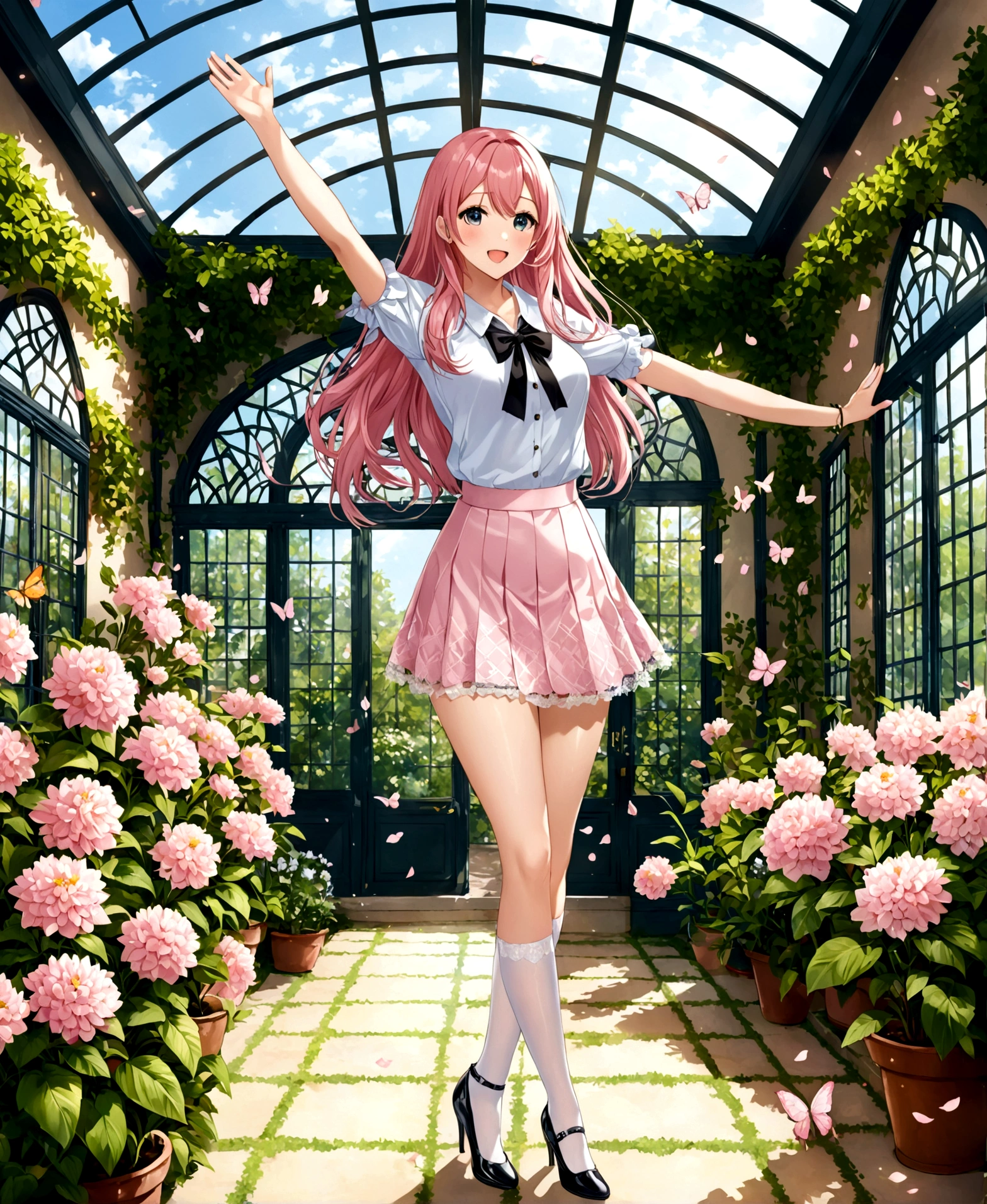 A woman, young teenage girl, mansion, garden, side of a greenhouse, happy, serene, cheerful, raising arms, hourglass shaped body, shapely legs, medium breasts, medium hip, small waist, long hair, pink hair, silver eyes, almond eyes, casual wear, mini skirt, mini skirt with flower patterns, pleated mini skirt, thigh-high stockings, stockings held up by garters, stockings with diamond patterns, blouse, blouse with lace, neckline, blouse with butterfly patterns, patent leather shoes, medium heels,