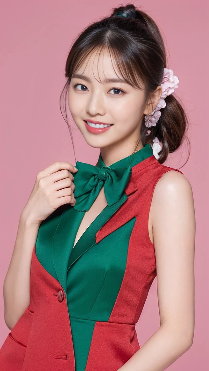 (Highest quality、8K、masterpiece:1.3))、30-year-old Korean woman，Sharp focus, high resolution, High resolution，Face focus，Portrait ID Photo，Upper body photo。Draw lips correctly, Red lipstick，Green Suit，Green bow tie，，Wearing a red flower on his chest，。Wavy long hair，Hair tied up，ponytail，mature，Charming smile，Chubby face，Pink warm color background，Plain background