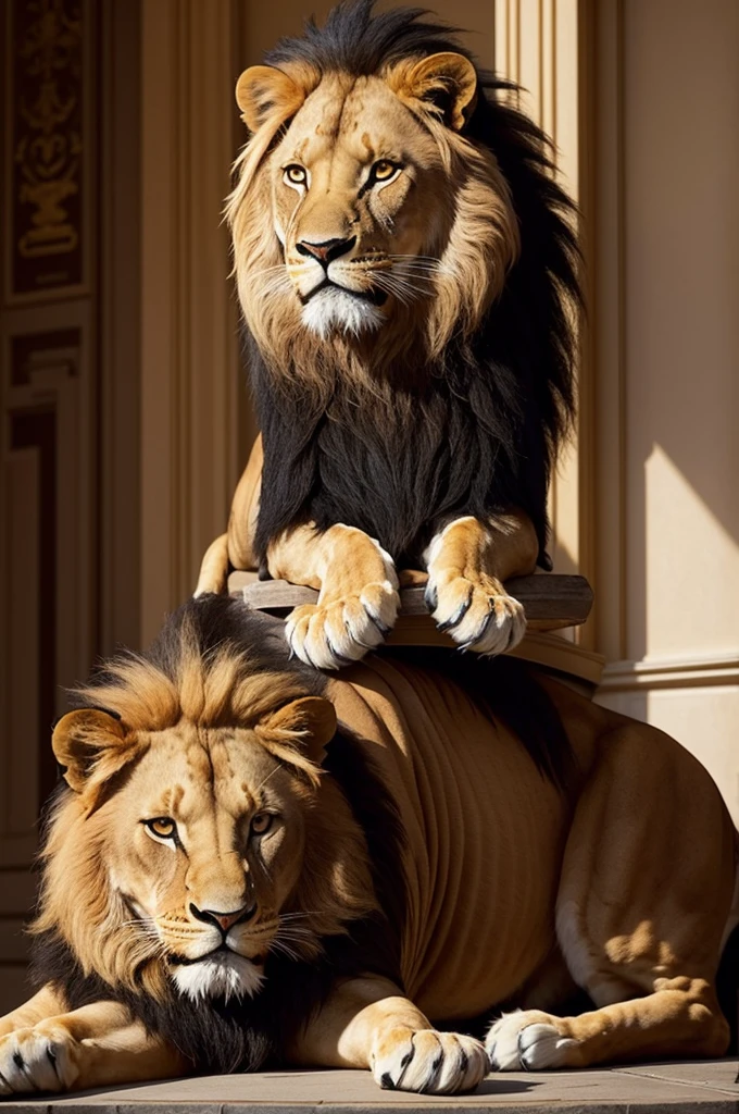 I could create an image for the logo of the most expensive and most luxurious school in the world? The representative animal is the lion, The school's official colors are strong gold, navy blue and yellow put the school name in the logo "Le Harmony Academy"