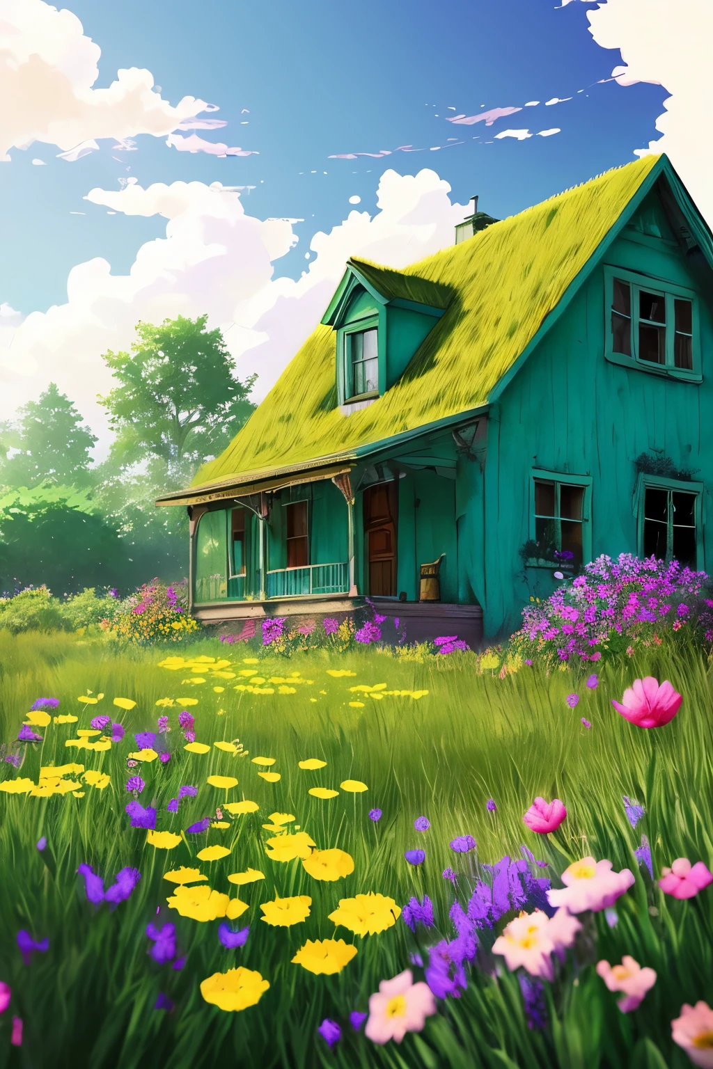 Very cozy little place, Hyperrealism, (anime Makoto Shinkai:0.4), old shabby house in city swoodt, Outdoor, null, cloud, Day, scenery, wood, blue null, Small Building, sign, Bright light, Wide Shot, town, wilderness, Flowers, Sunlight、green、Colorful flowers、Lots of flowers、