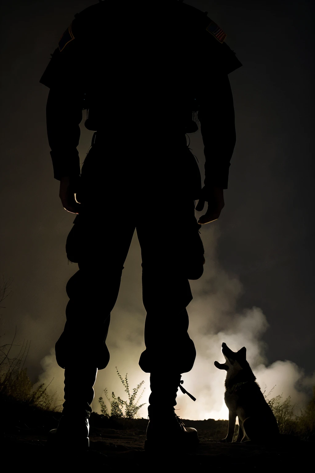 an image of a soldier dressed in black, with Mexico patches and with 3 soldiers to accompany him, let it be at night, some image alluding to a wolf

