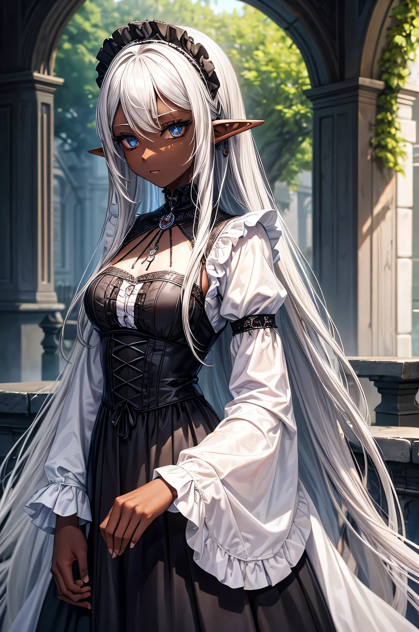 (Gothic style) (cool beautiful black skin), (solo:2, 1000 yo Dreadlocks:1.4 silver hair long hair cool elf woman, cool narrow silver eyes), (in a cool maid clothes), break, in the enchanted garden, BREAK, perfect anatomy, masterpiece, best quality, 16k, beautiful detailed grow, daydreaming expression.