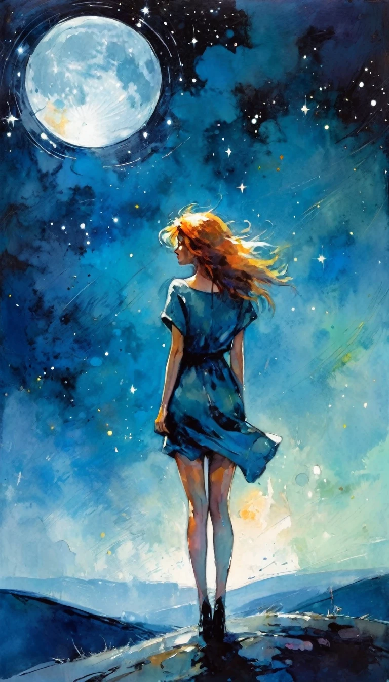 orgasm, magic, fantastic, night sky, moon, stars, background, (simple oil painting in a style to Bill Sienkiewicz)