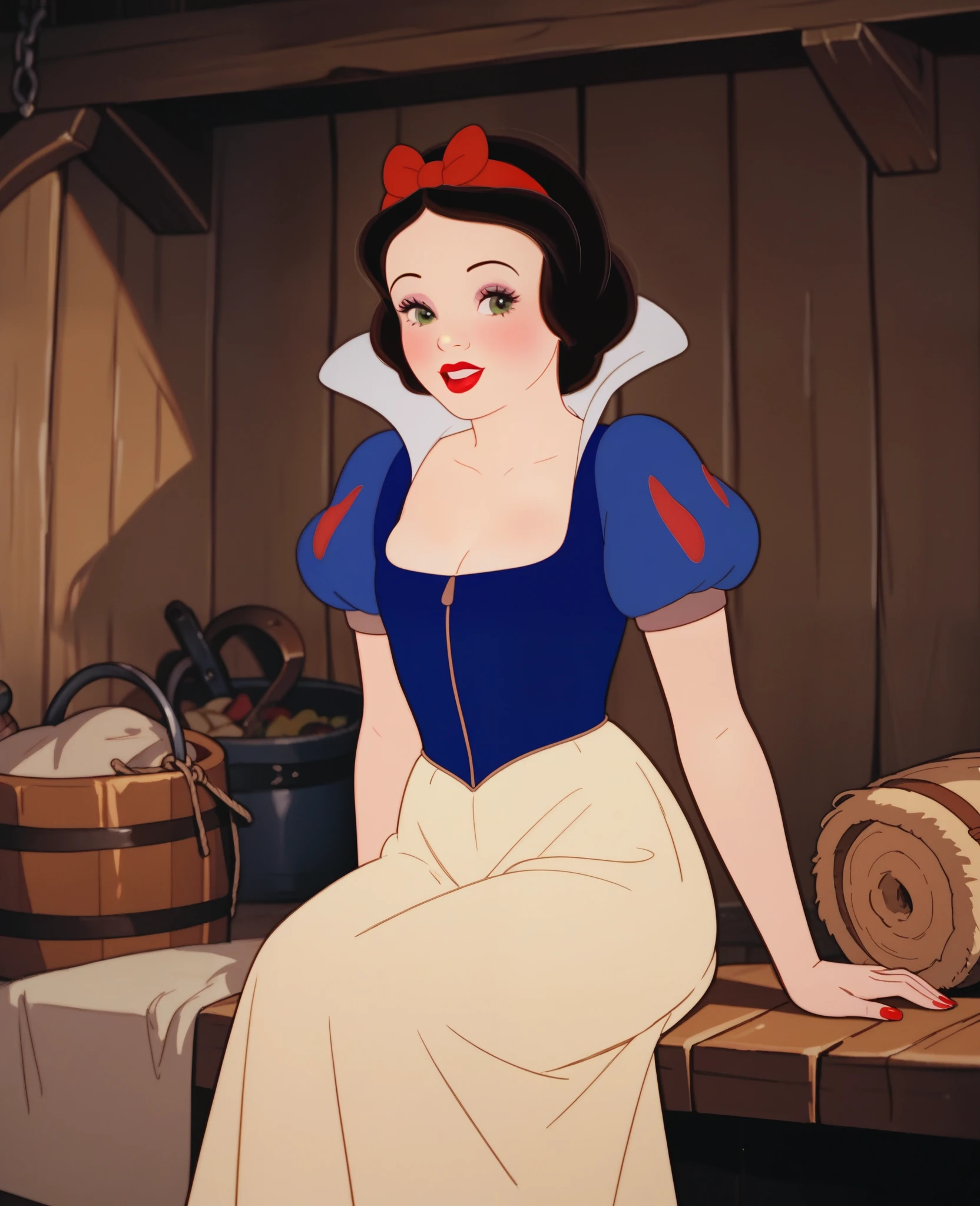 score_9, score_8_up, score_7_up, score_6_up, score_5_up, score_4_up, Snow White, 1girl, in old cabin
