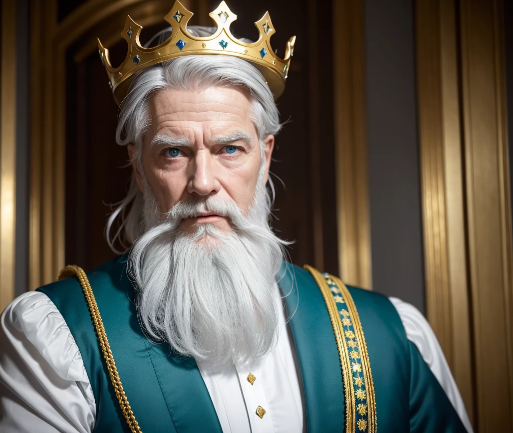 A very detailed photograph of an 80 year old white boy.., blue colored eyes, modern hairstyle with a crown on your head , face with a long gray beard, looking in front of the camera, fuller body, black and gold royal suit, green and gold colors, chic, attraction, with mischievous look, serious expression, in Christ the Redeemer.