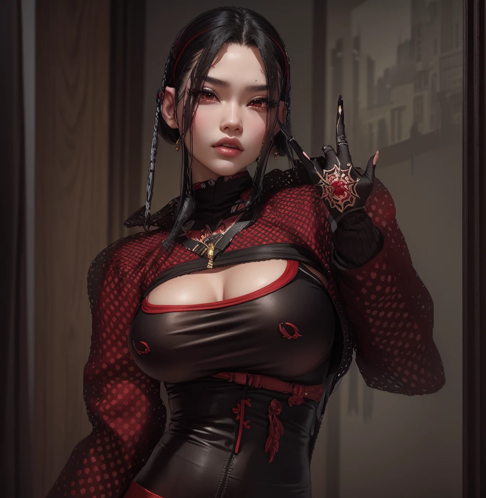 AVATAR SECOND LIFE Korean girl black and red blouse, Asian, longye hair, Perfect and detailed face, imvu, maximalist details, AVATAR SECOND LIFE Korean blusa , neon,