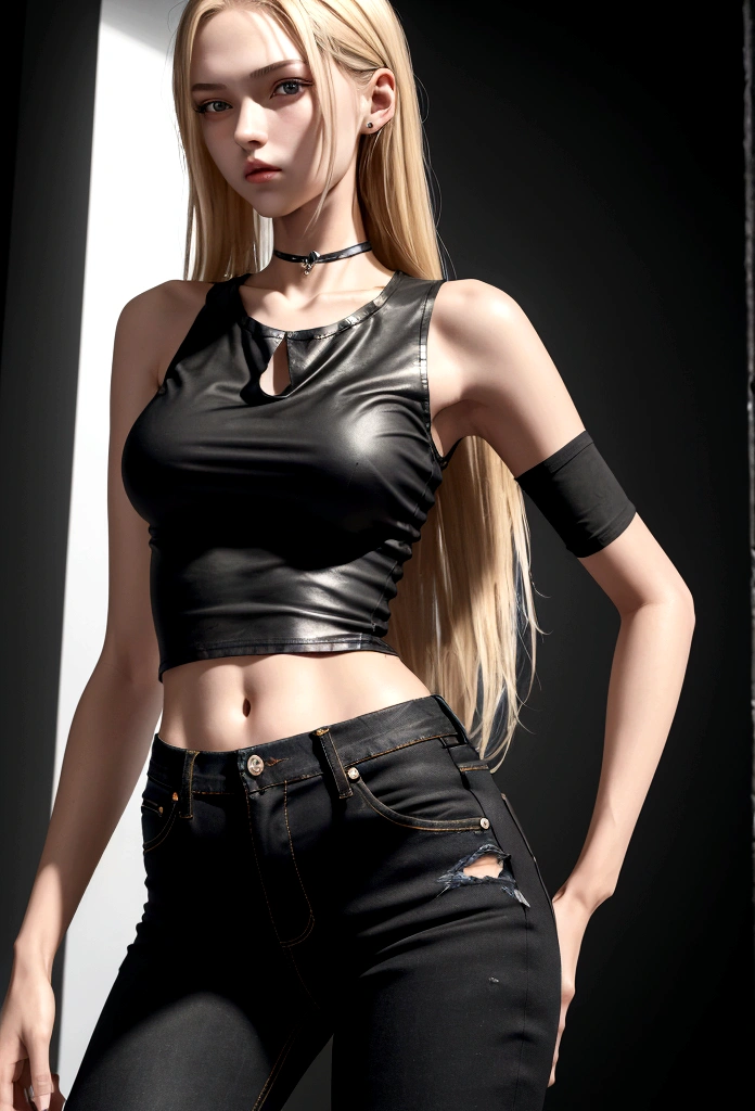 ((最gute Qualität, 8K, maSterpiece: 1.3, Ultra HD, gute Qualität, 最gute Qualität, High reSolution, realiSm)) 、(high color Saturation:1.0), (highly detailed Skin), (最gute Qualität:1.0), (超High reSolution:1.0) ,(realiStic:1.0), (Super detailliert:1.0), (8K, RAW-Foto:1.1), Slender、Slender, (full shot), full shot of a age girl, very skinny body, very slim body, wearing black sleeveless shirt, black tight top, blond long hair, blond, teenack jeans, low waist jeans, skinny dark jeans,